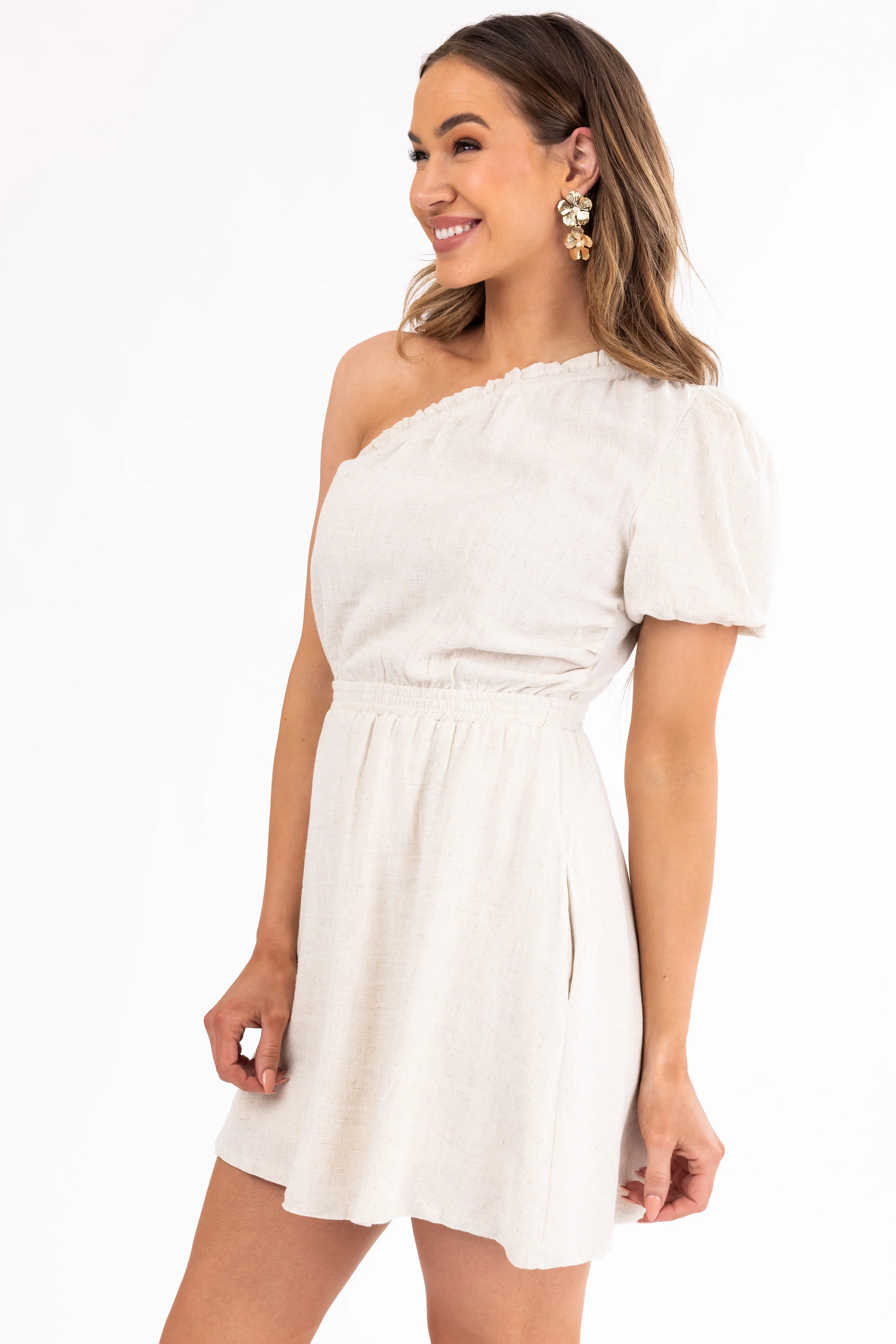 Champagne One Shoulder Mini Dress - Image 6