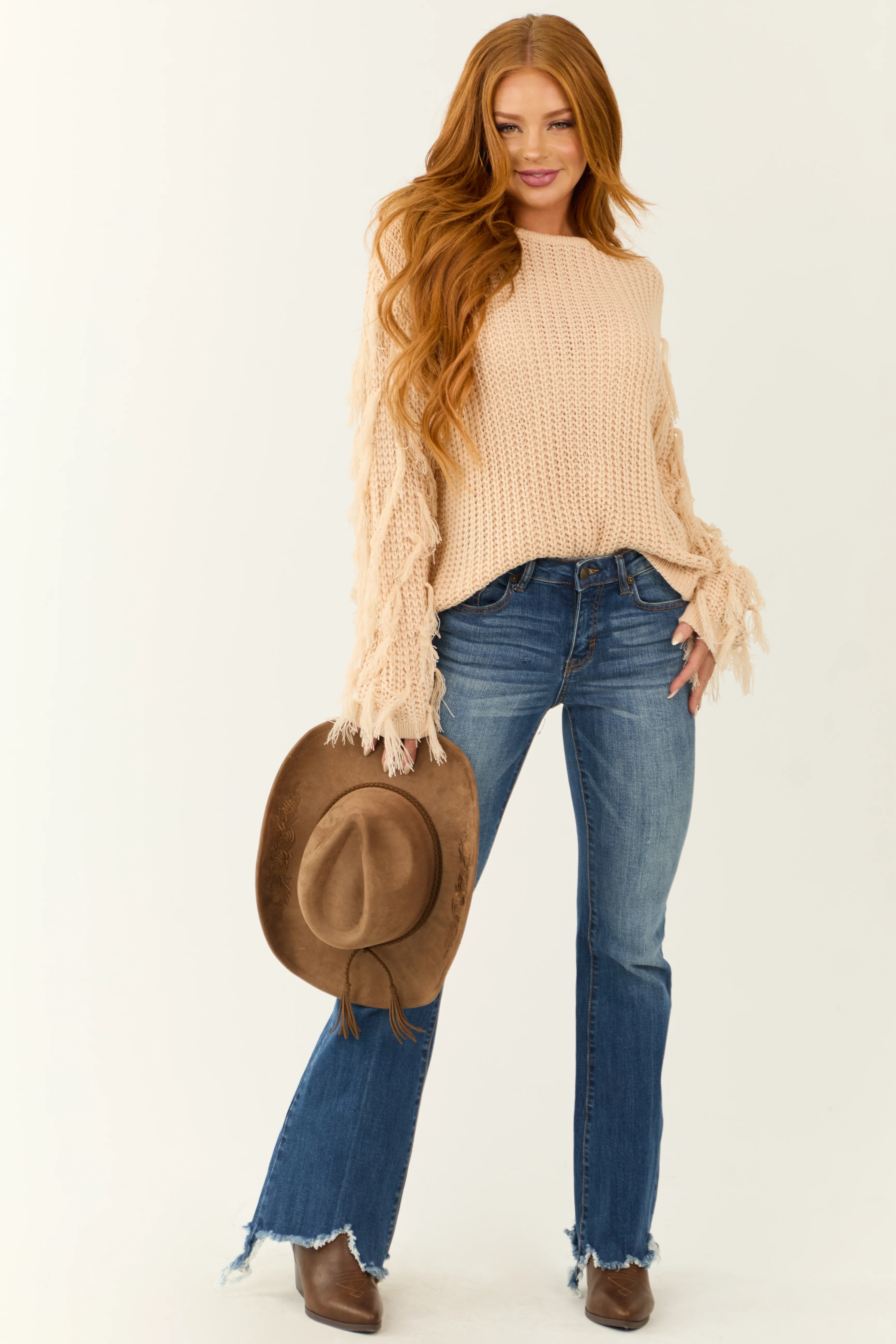 Champagne Tassel Fringe Sleeve Knit Sweater - Image 3