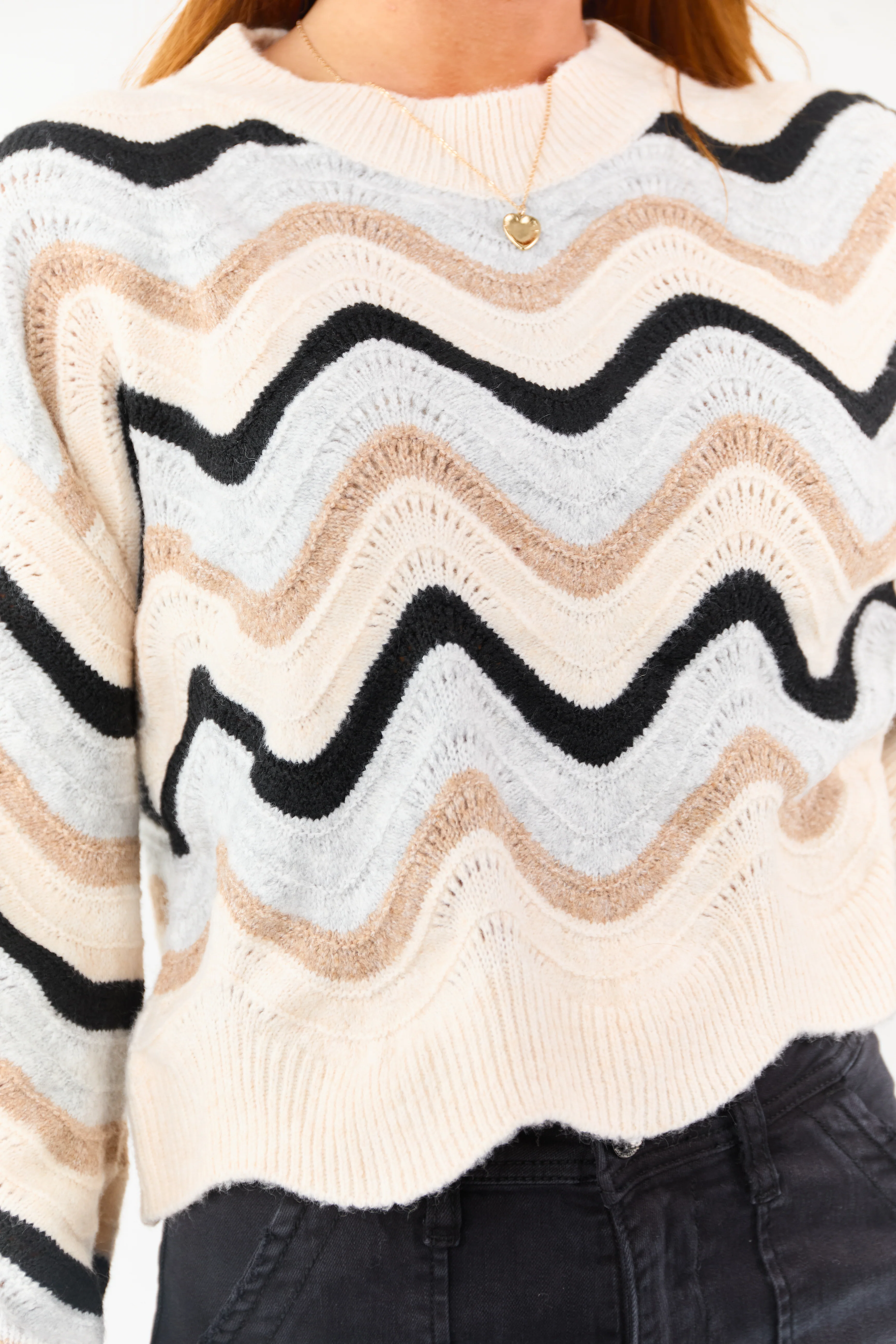Champagne Wavy Strip Ribbed Trim Knit Sweater - Image 6