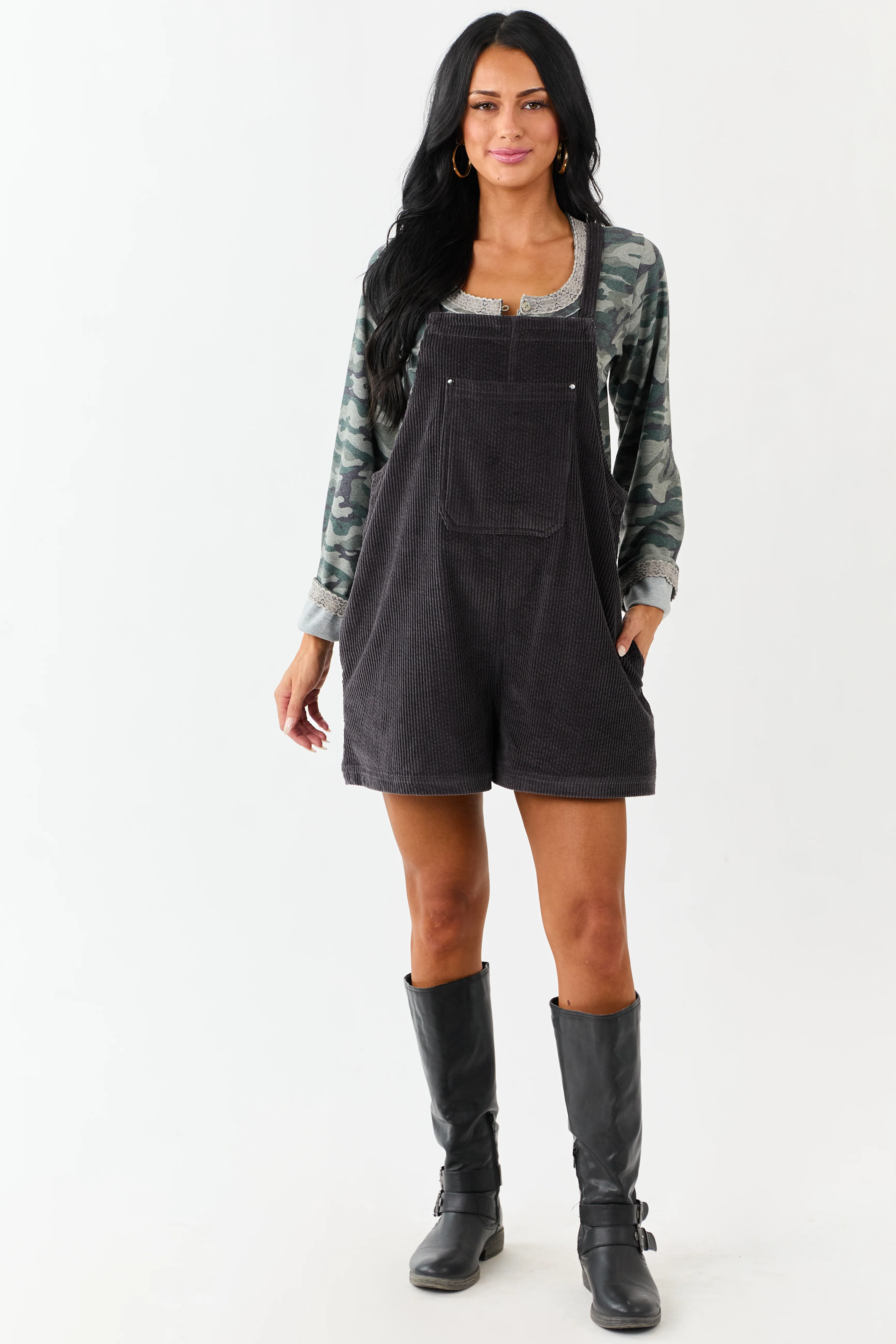 Charcoal Corduroy Relaxed Overalls Style Romper