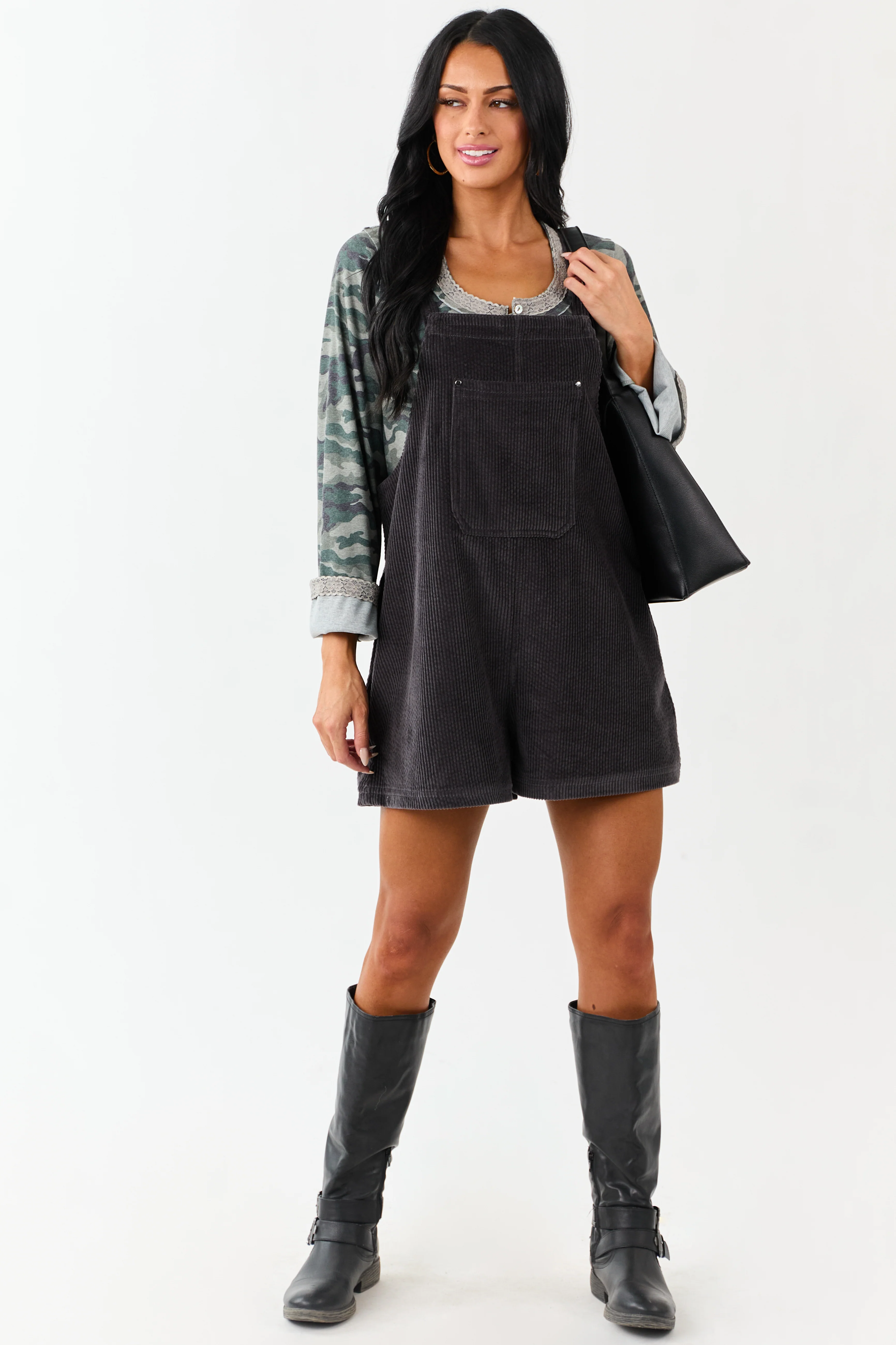 Charcoal Corduroy Relaxed Overalls Style Romper - Image 2