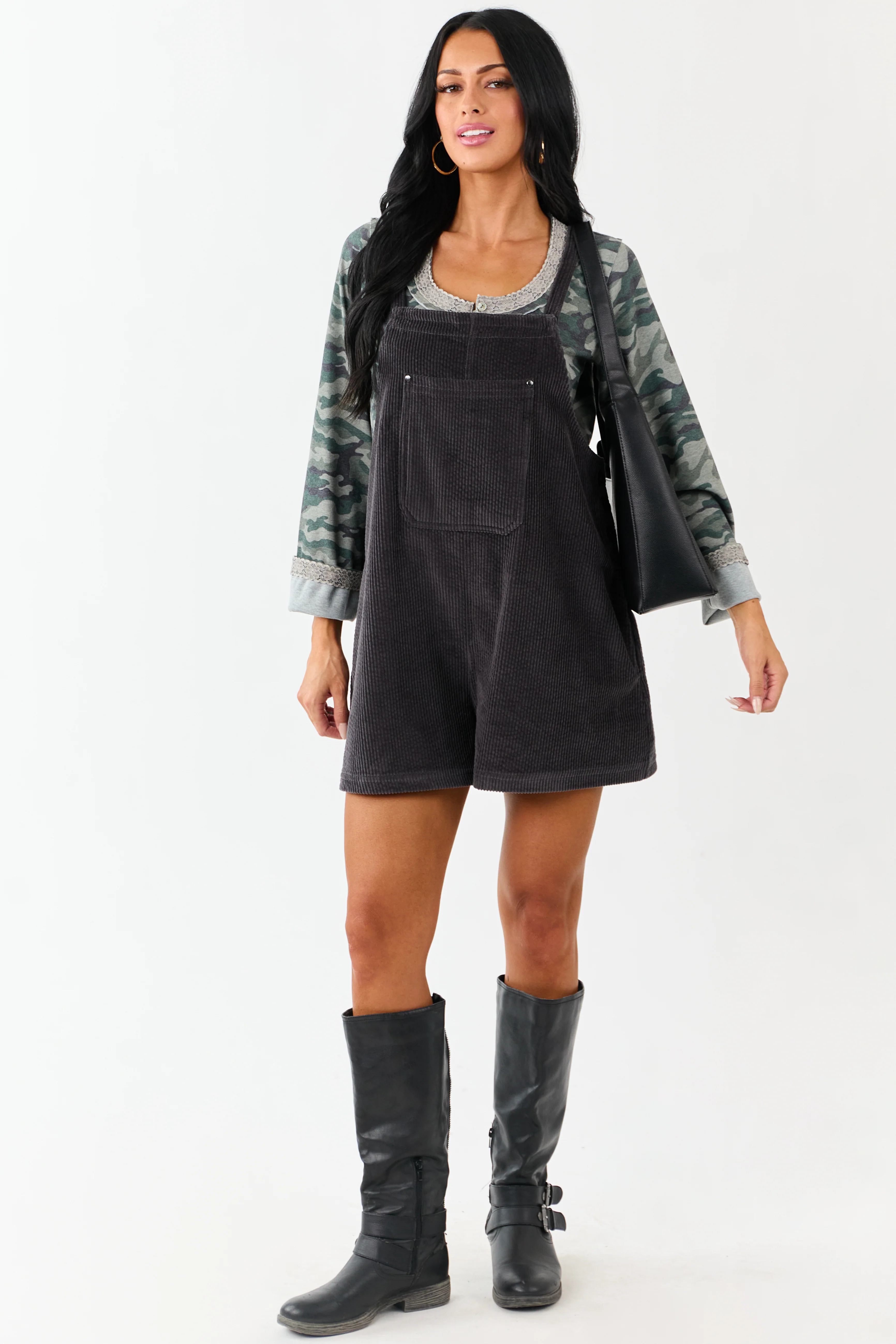 Charcoal Corduroy Relaxed Overalls Style Romper - Image 3
