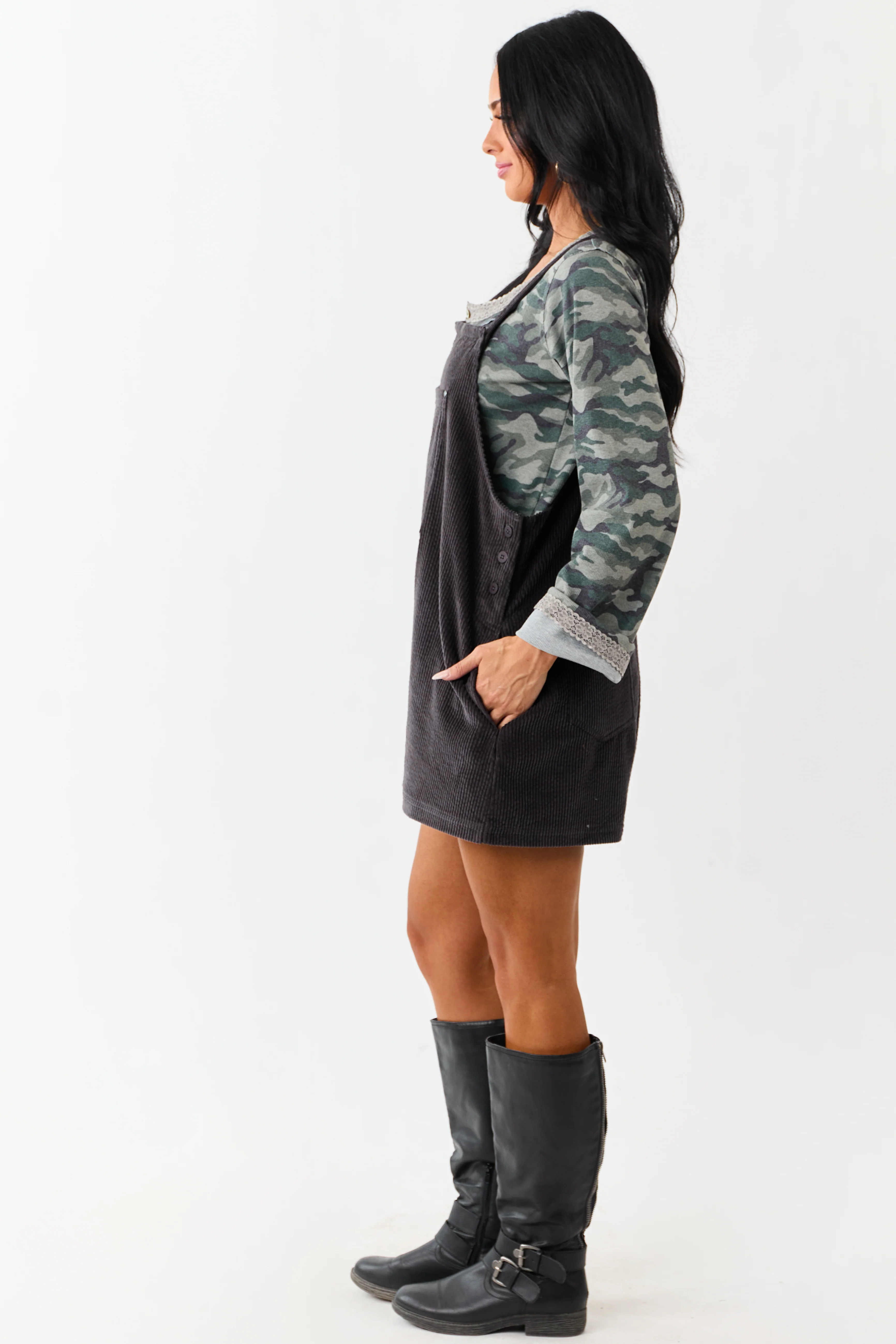 Charcoal Corduroy Relaxed Overalls Style Romper - Image 4