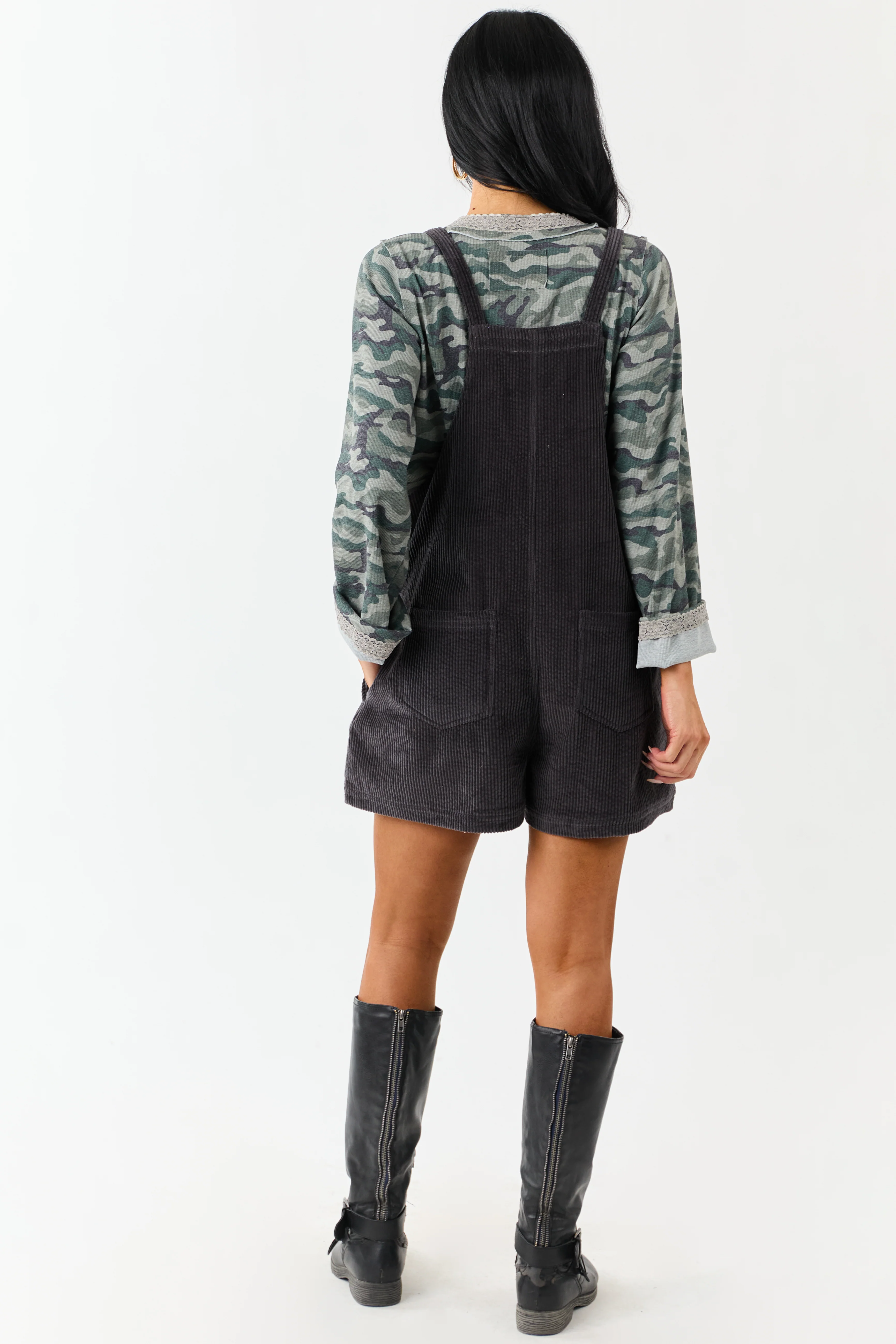 Charcoal Corduroy Relaxed Overalls Style Romper - Image 5