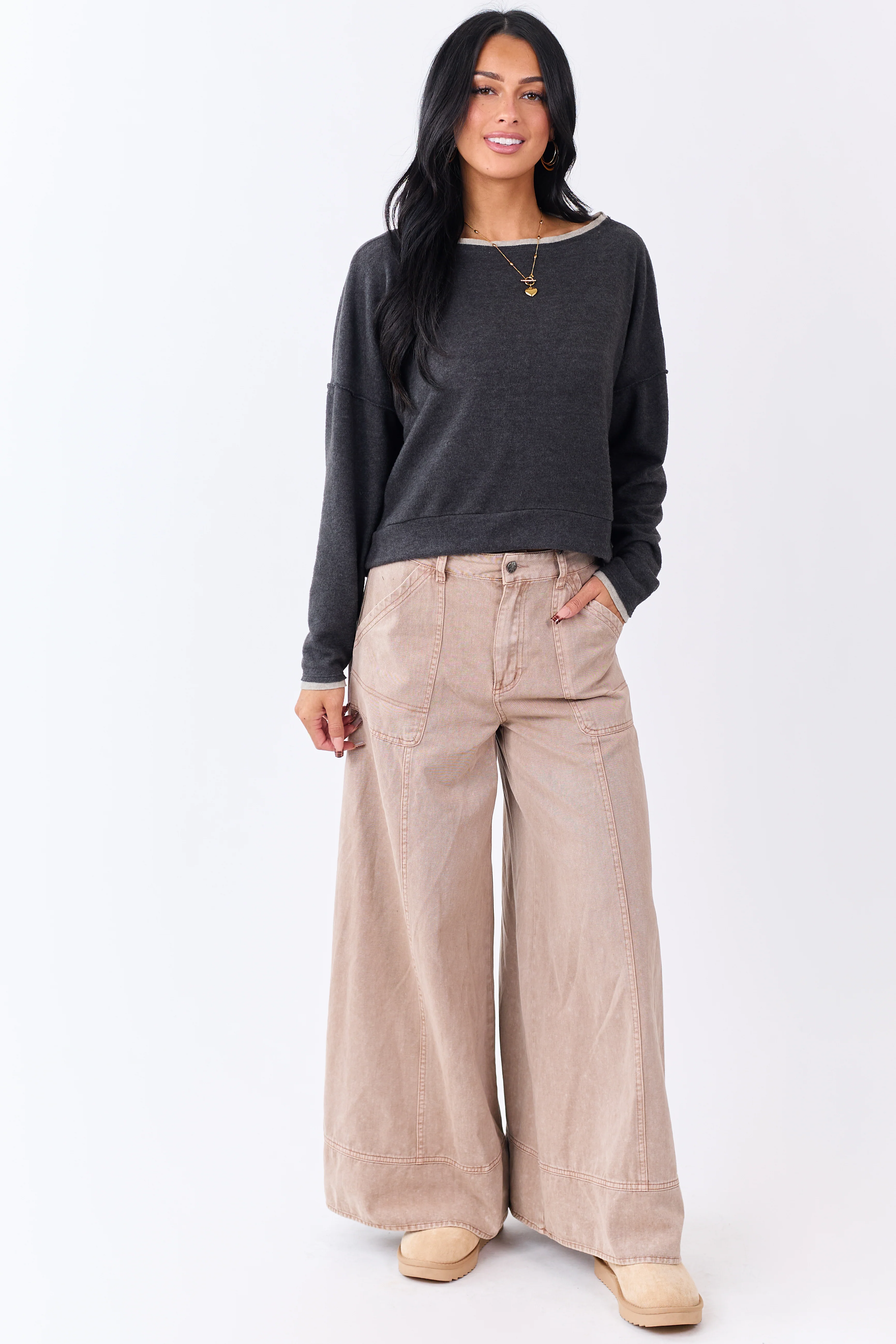 Charcoal Fleece Contrast Trim Long Sleeve Top - Image 3