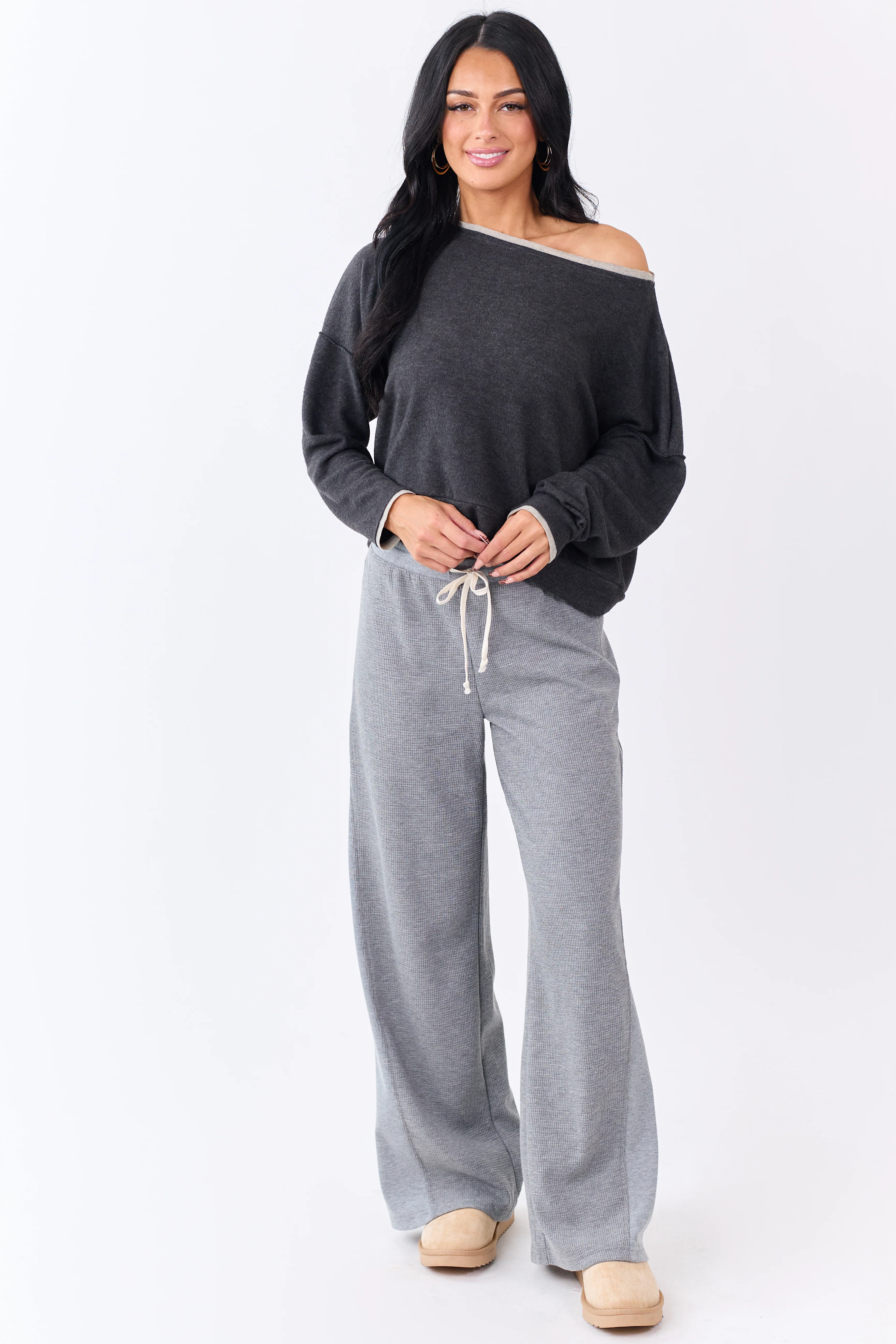 Charcoal Fleece Contrast Trim Long Sleeve Top - Image 4