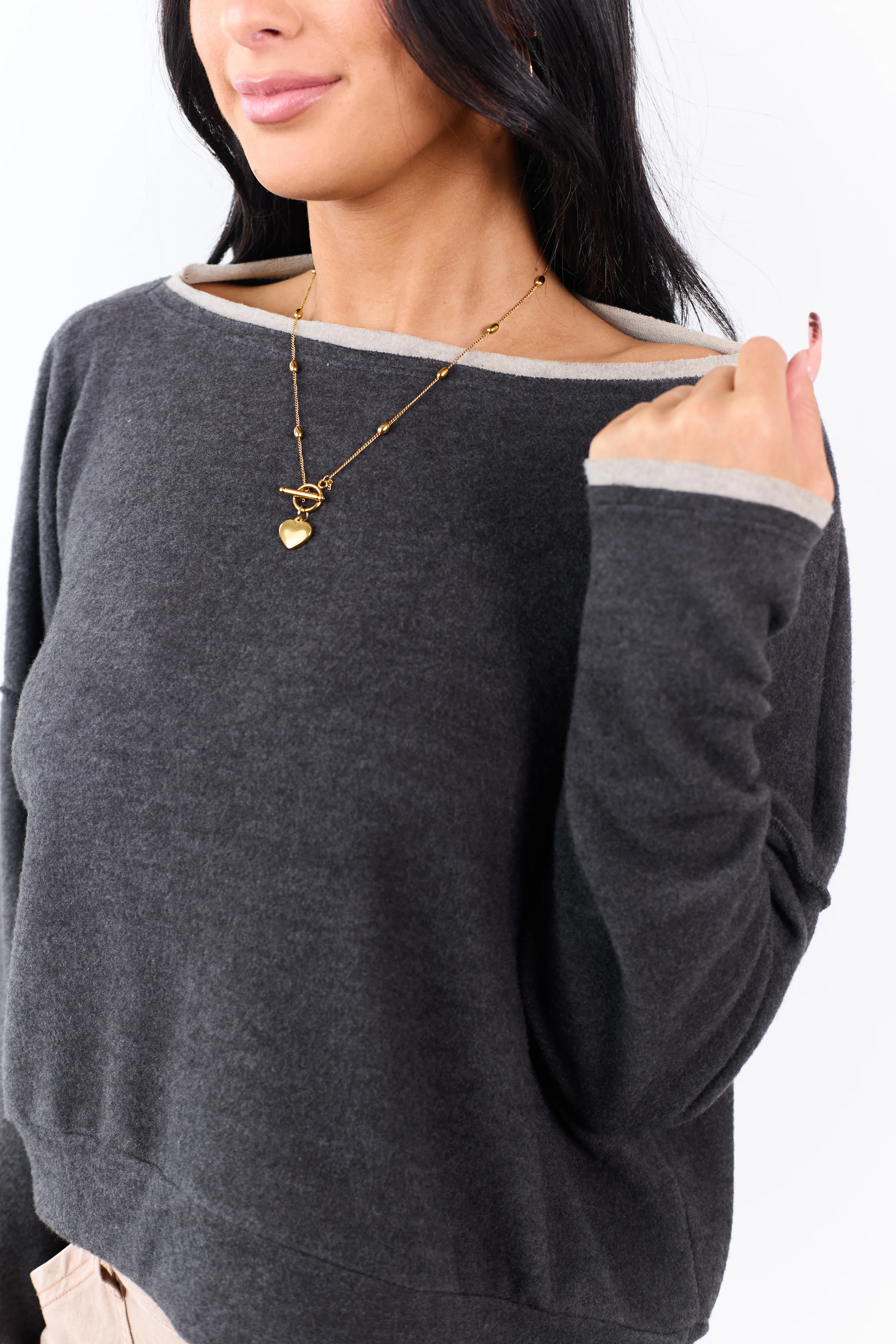 Charcoal Fleece Contrast Trim Long Sleeve Top - Image 8