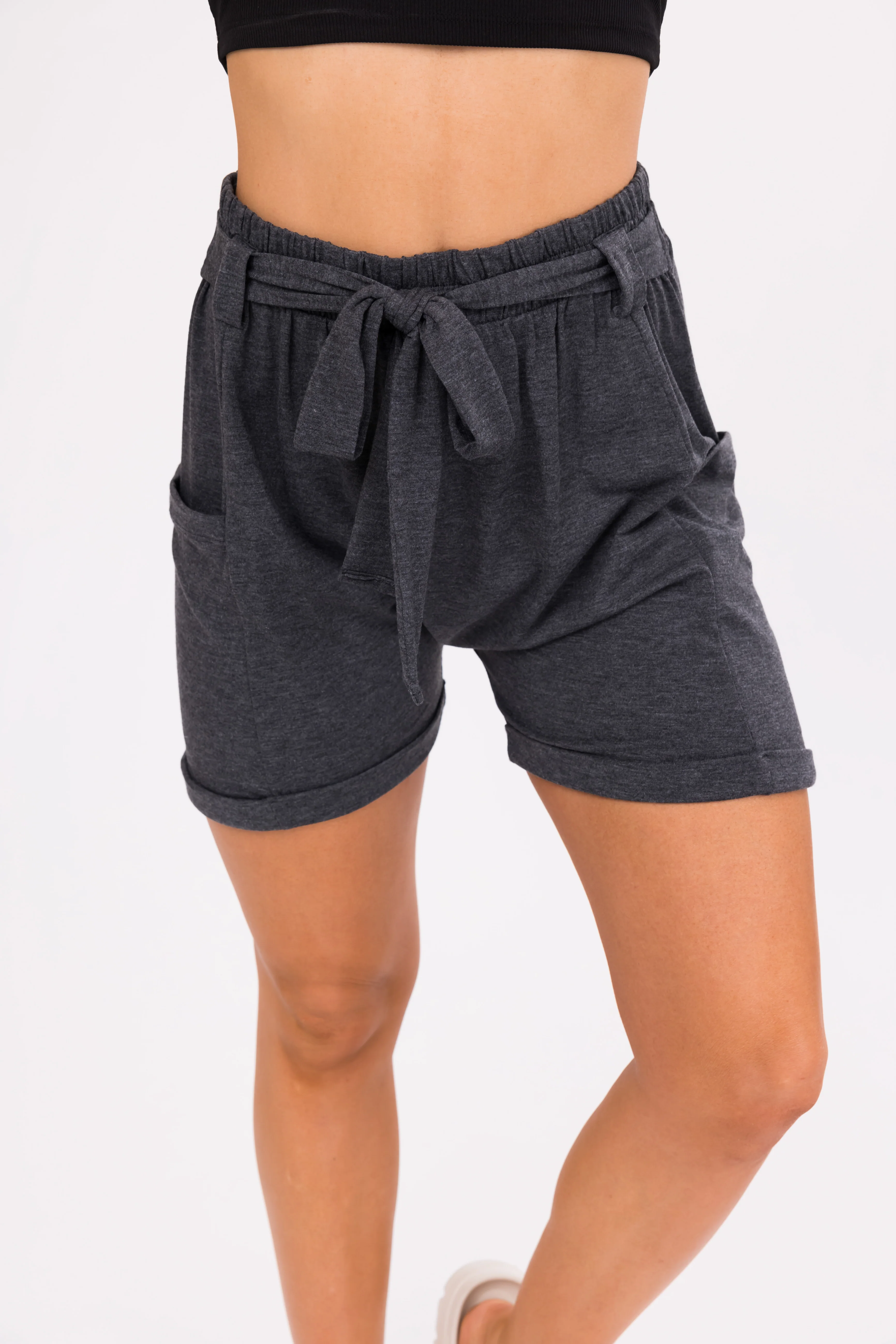 Charcoal Front Tie Knit Shorts - Image 3