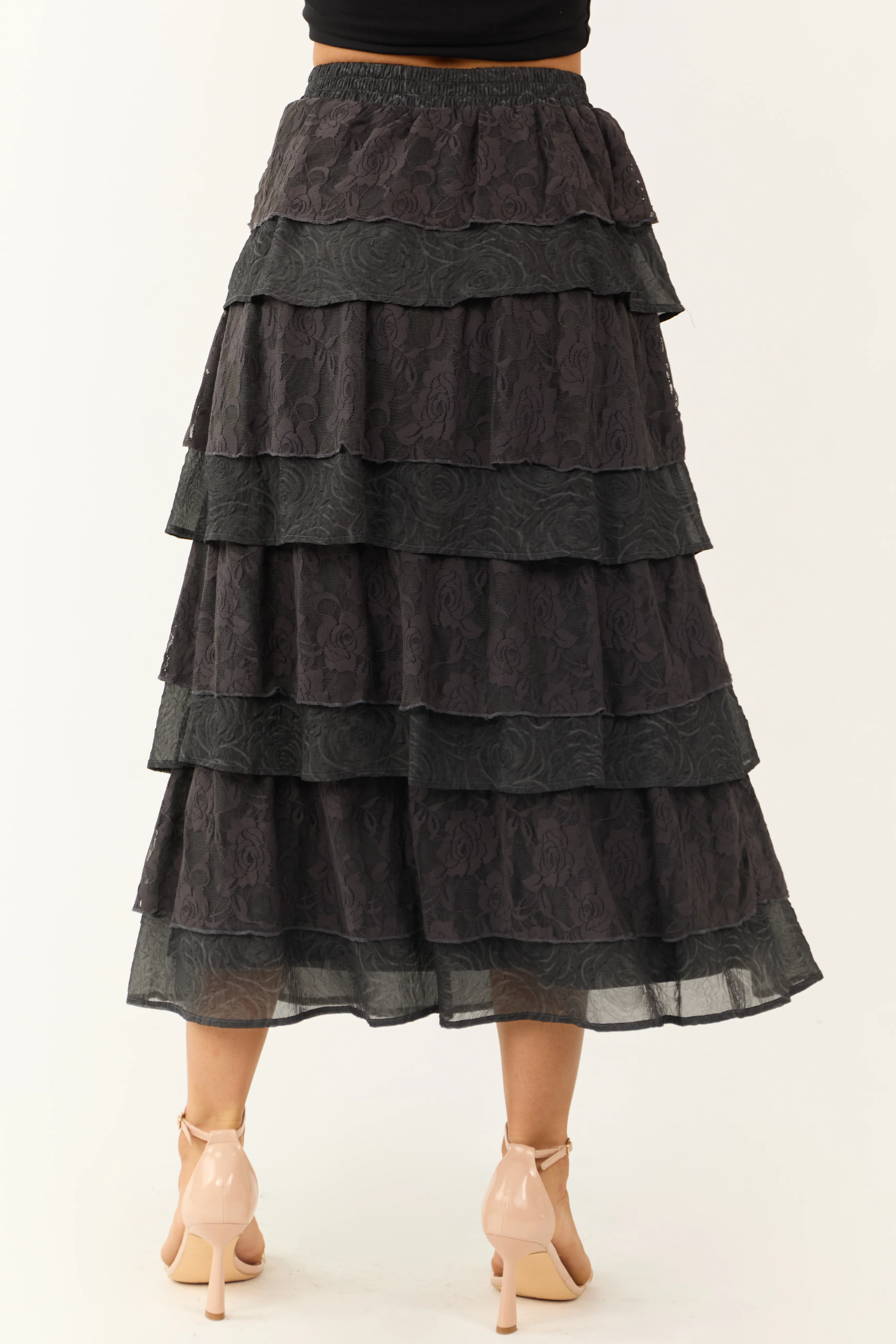 Charcoal Lace Ruffle Tiered Maxi Skirt - Image 4
