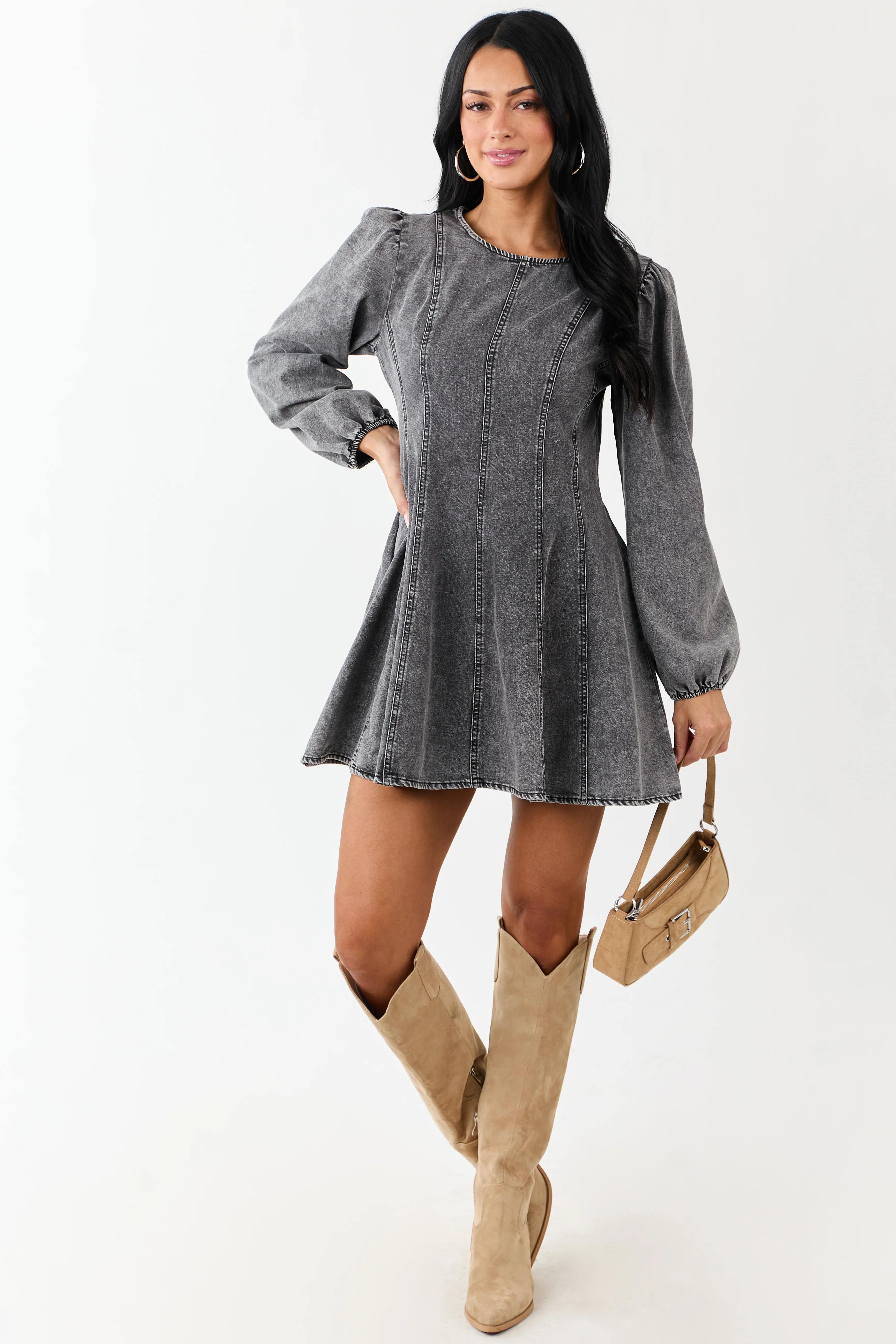 Charcoal Mineral Wash Denim Long Sleeve Mini Dress