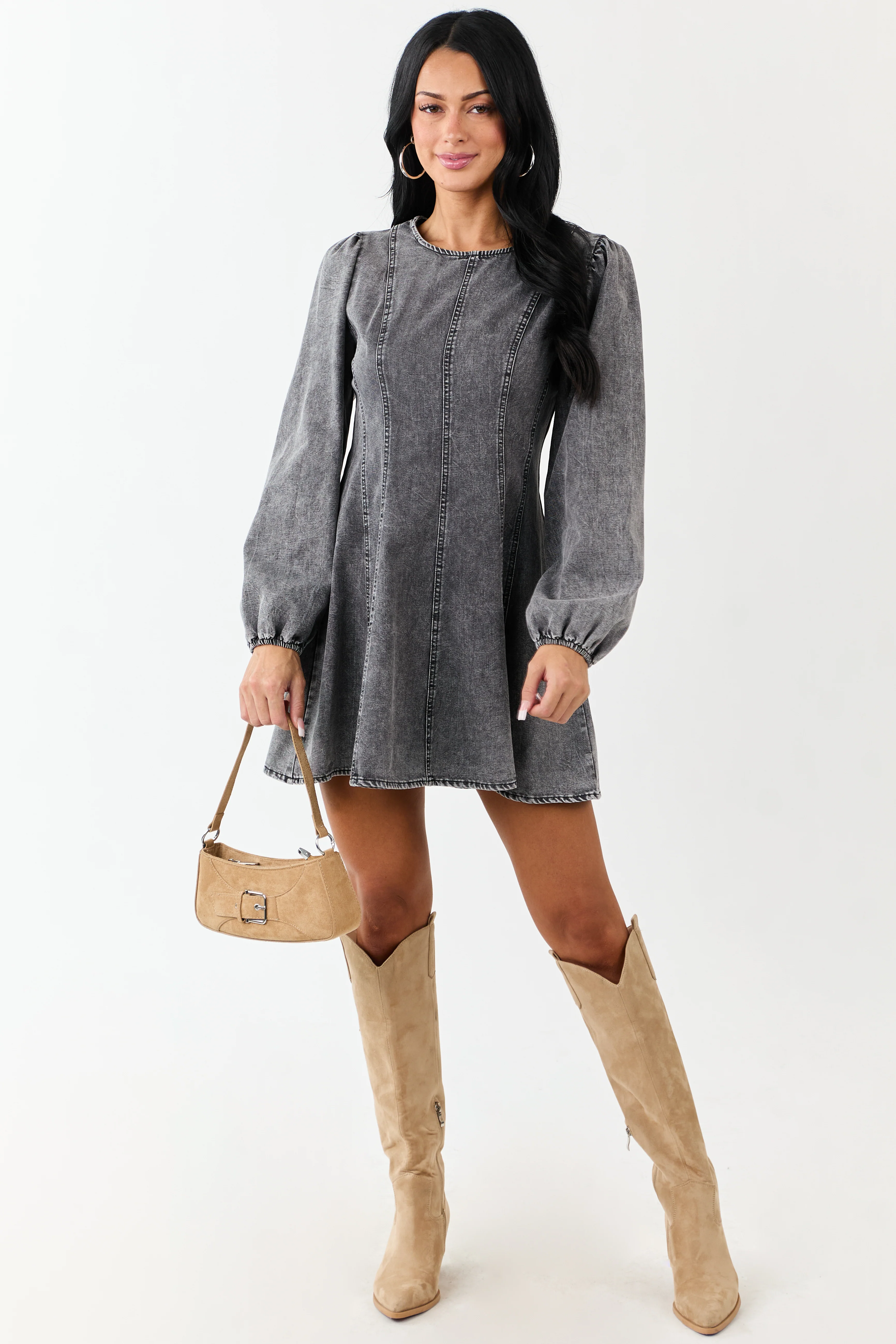 Charcoal Mineral Wash Denim Long Sleeve Mini Dress - Image 2