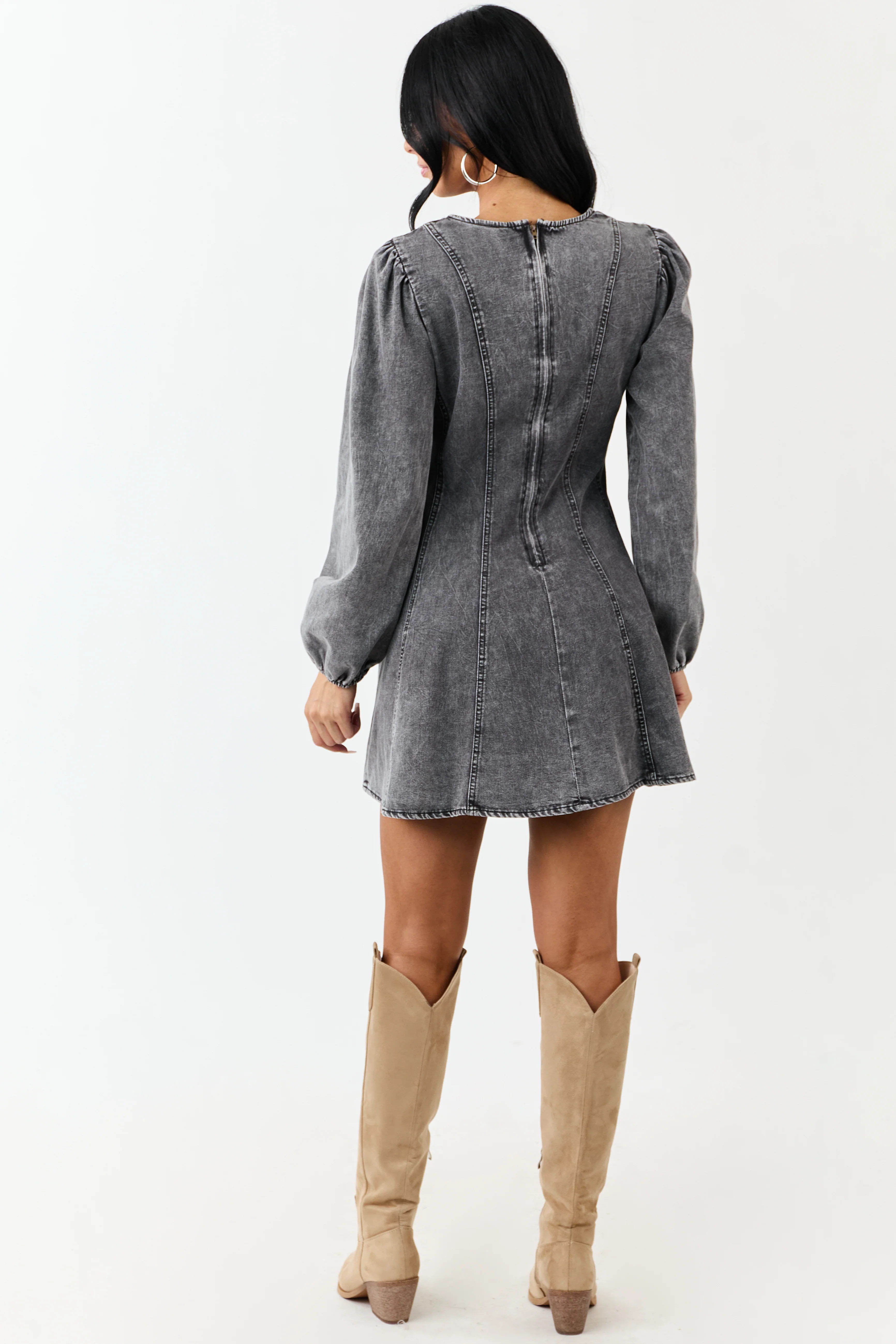 Charcoal Mineral Wash Denim Long Sleeve Mini Dress - Image 5
