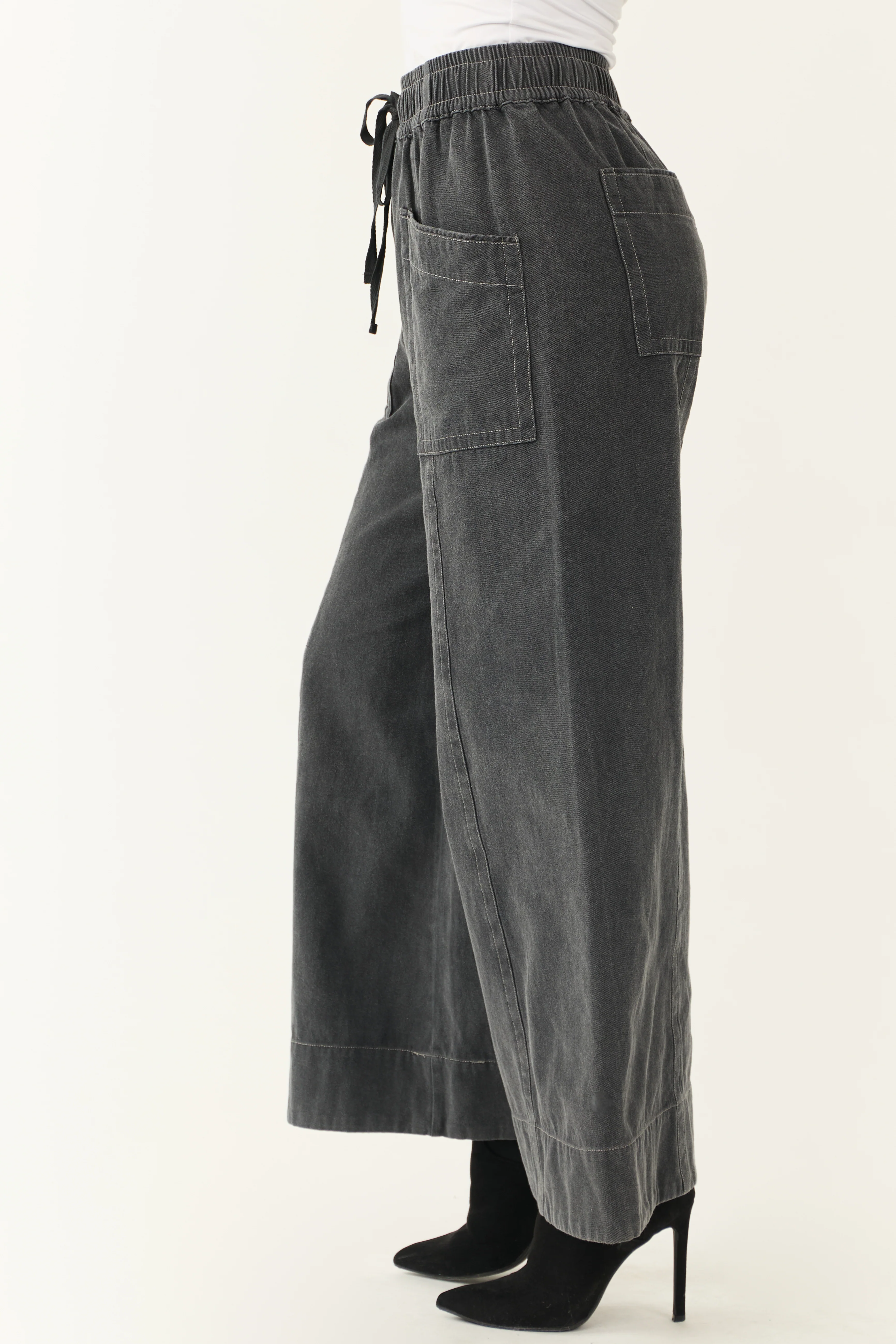 Charcoal Mineral Wash Elastic Waist Wide Leg Pants - Image 3