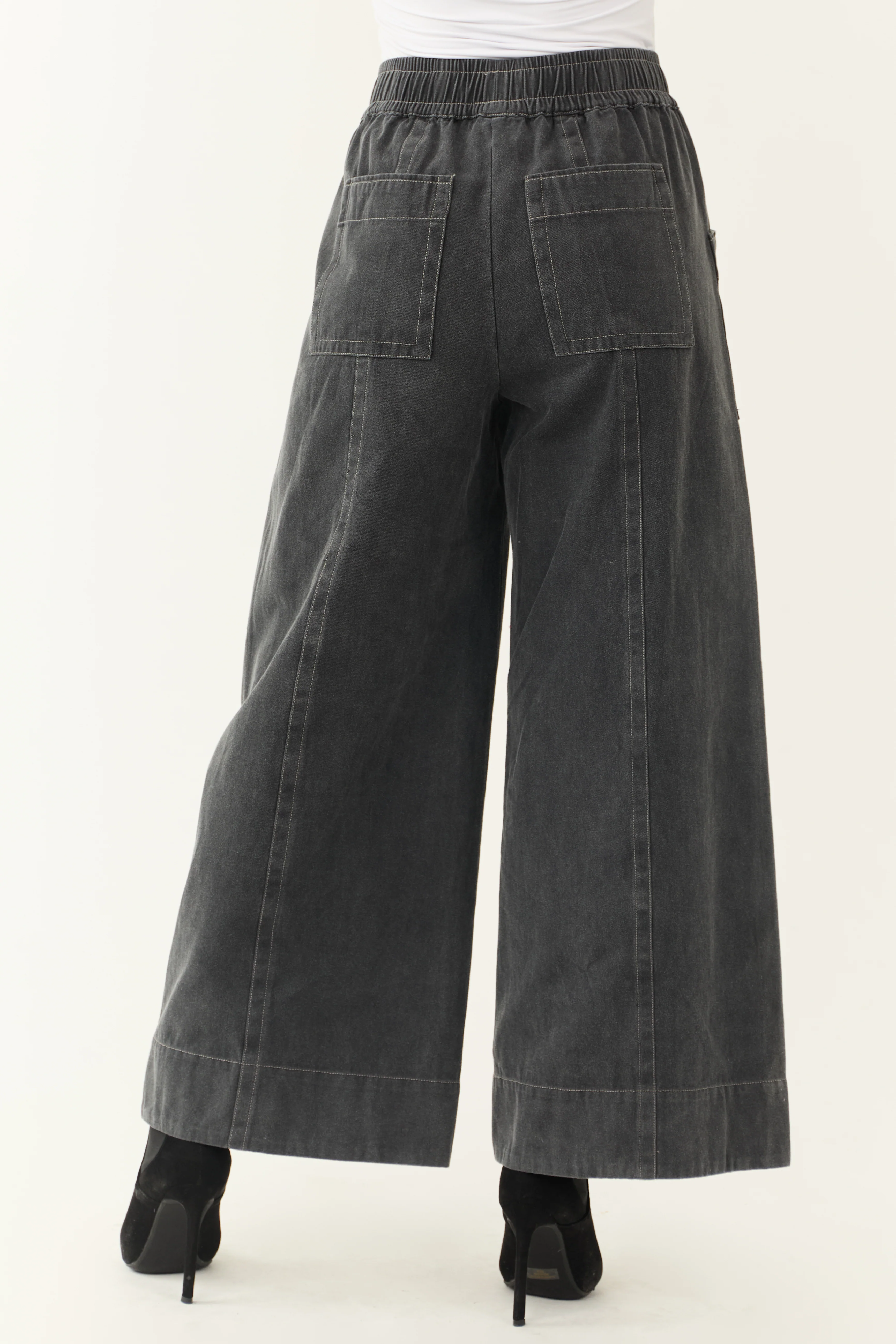 Charcoal Mineral Wash Elastic Waist Wide Leg Pants - Image 4
