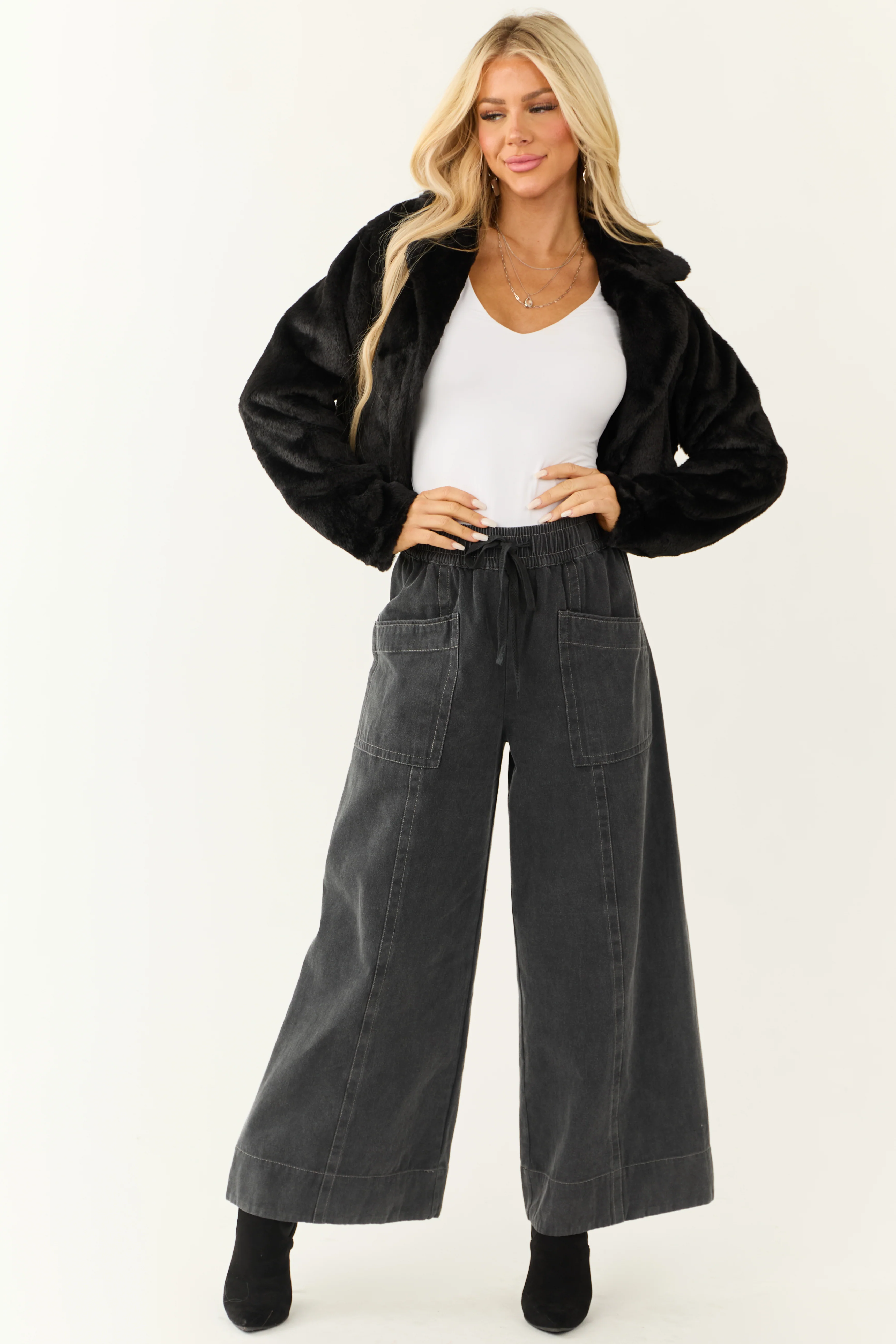 Charcoal Mineral Wash Elastic Waist Wide Leg Pants - Image 6