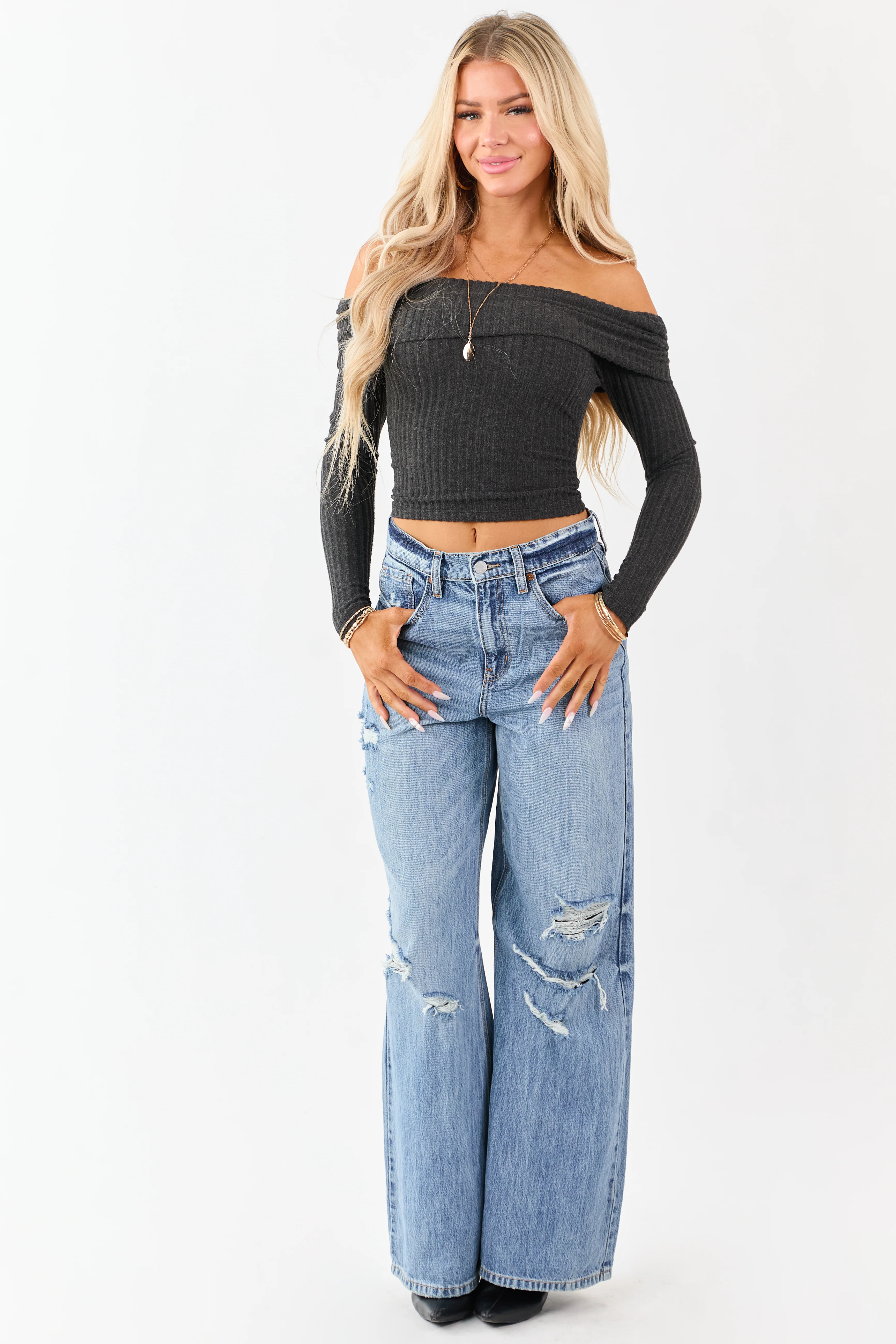Charcoal Off the Shoulder Long Sleeve Knit Top - Image 3