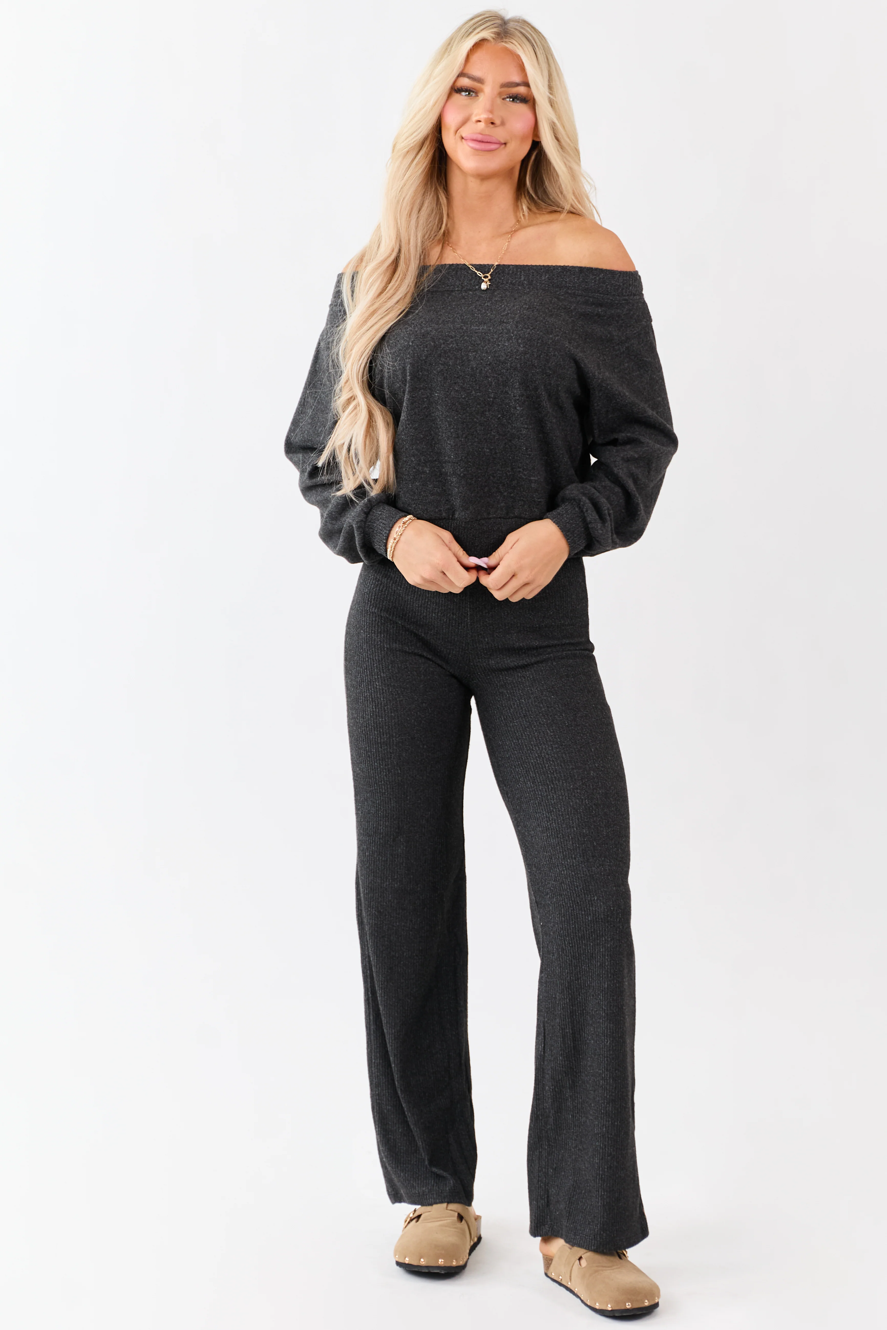 Charcoal Rib Knit Elastic Waist Wide Leg Pants