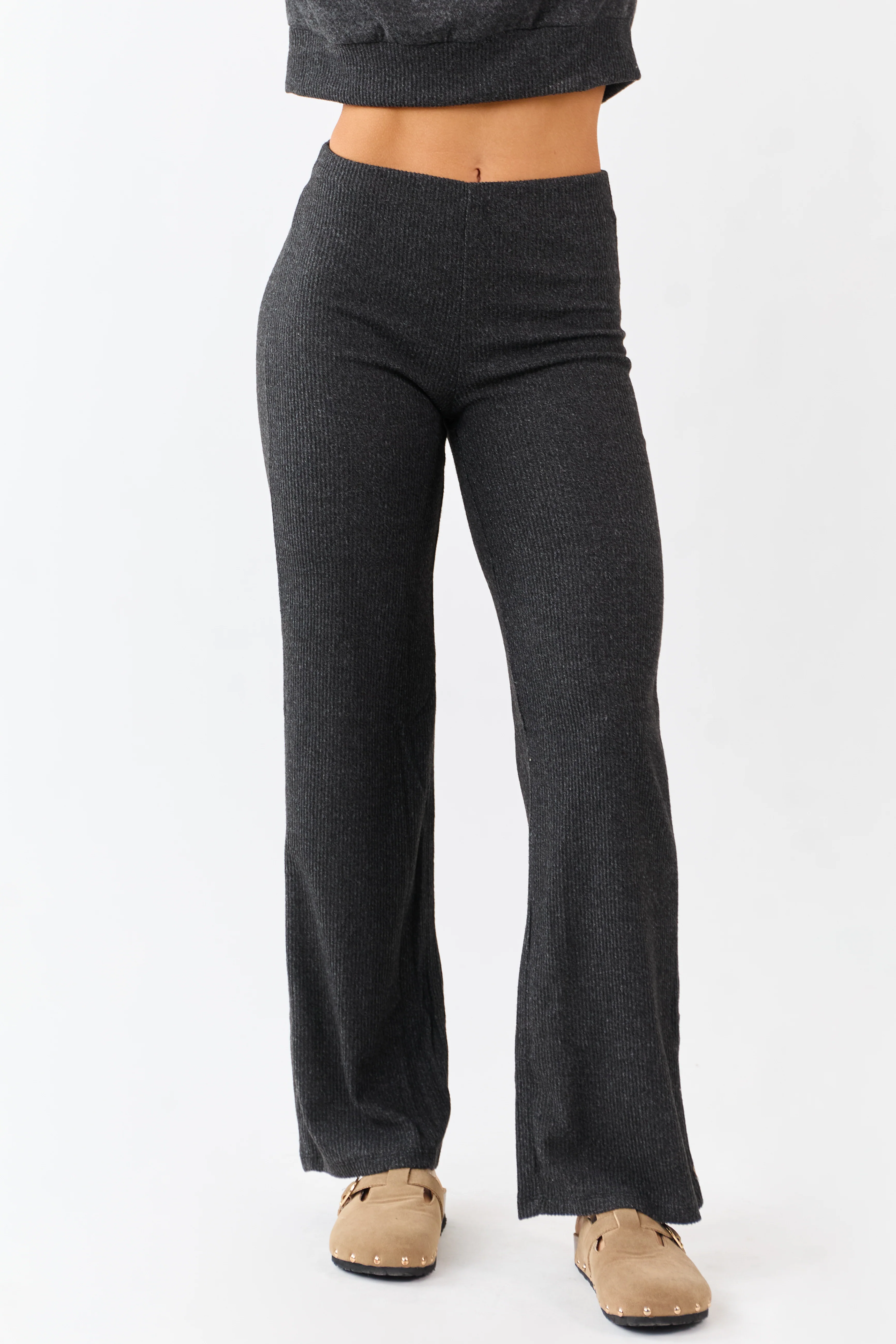 Charcoal Rib Knit Elastic Waist Wide Leg Pants - Image 2