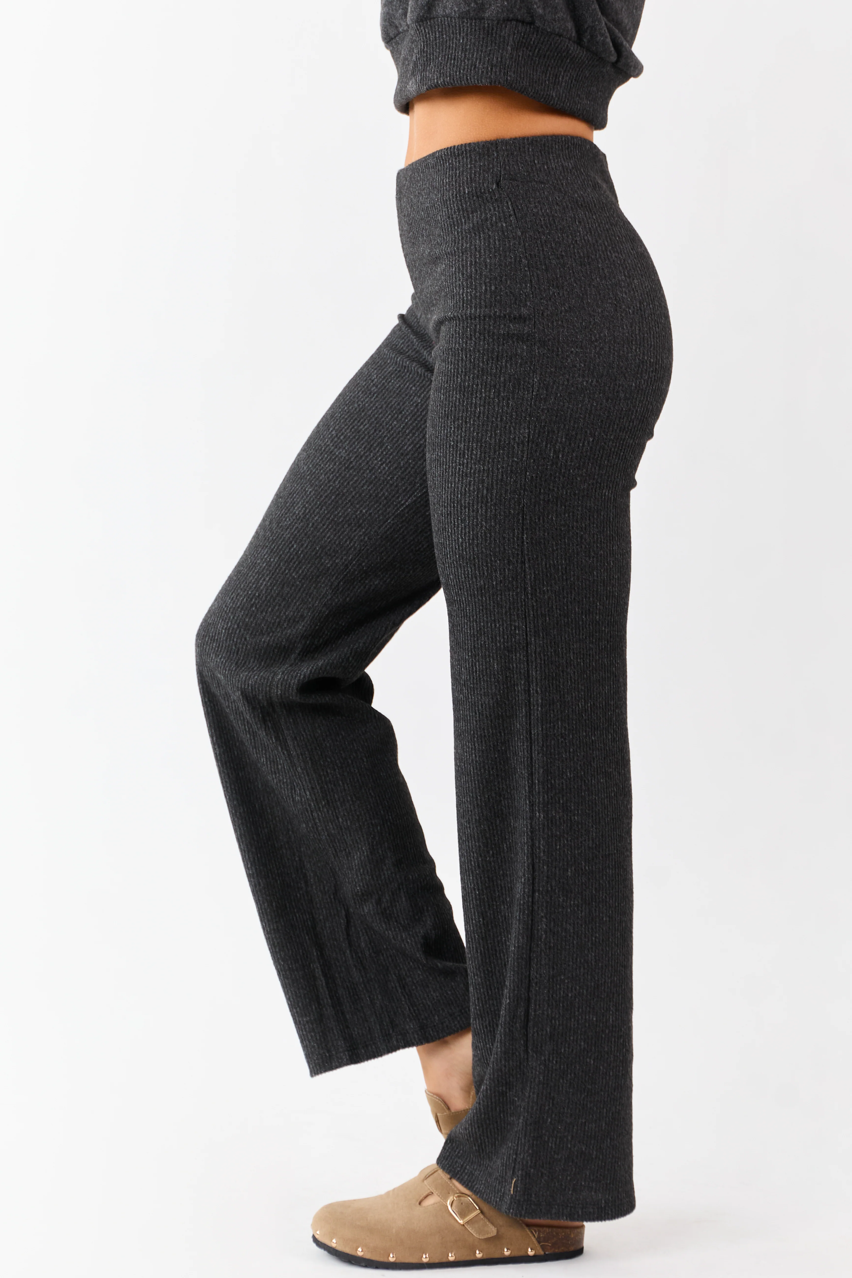 Charcoal Rib Knit Elastic Waist Wide Leg Pants - Image 3