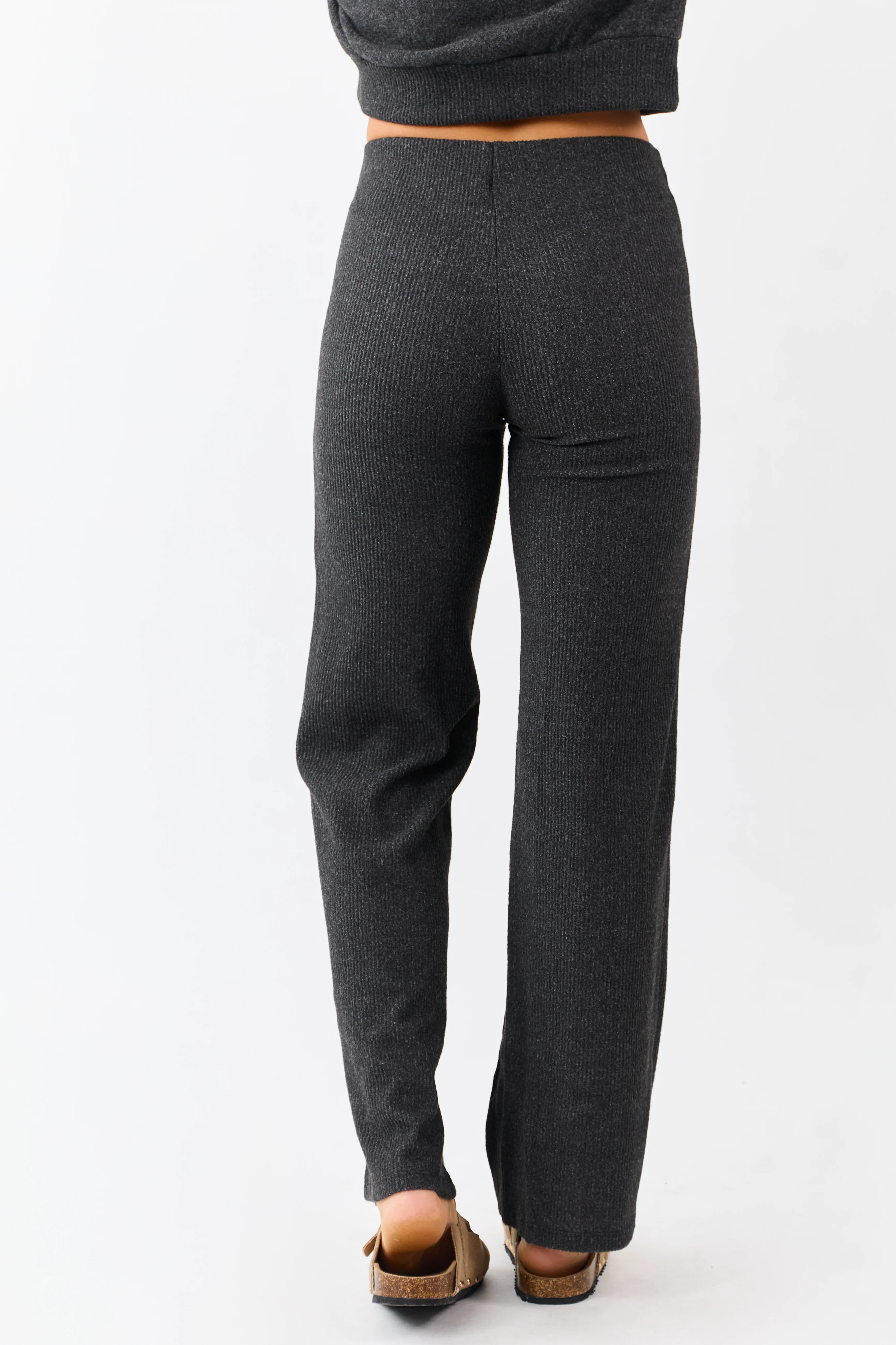 Charcoal Rib Knit Elastic Waist Wide Leg Pants - Image 4