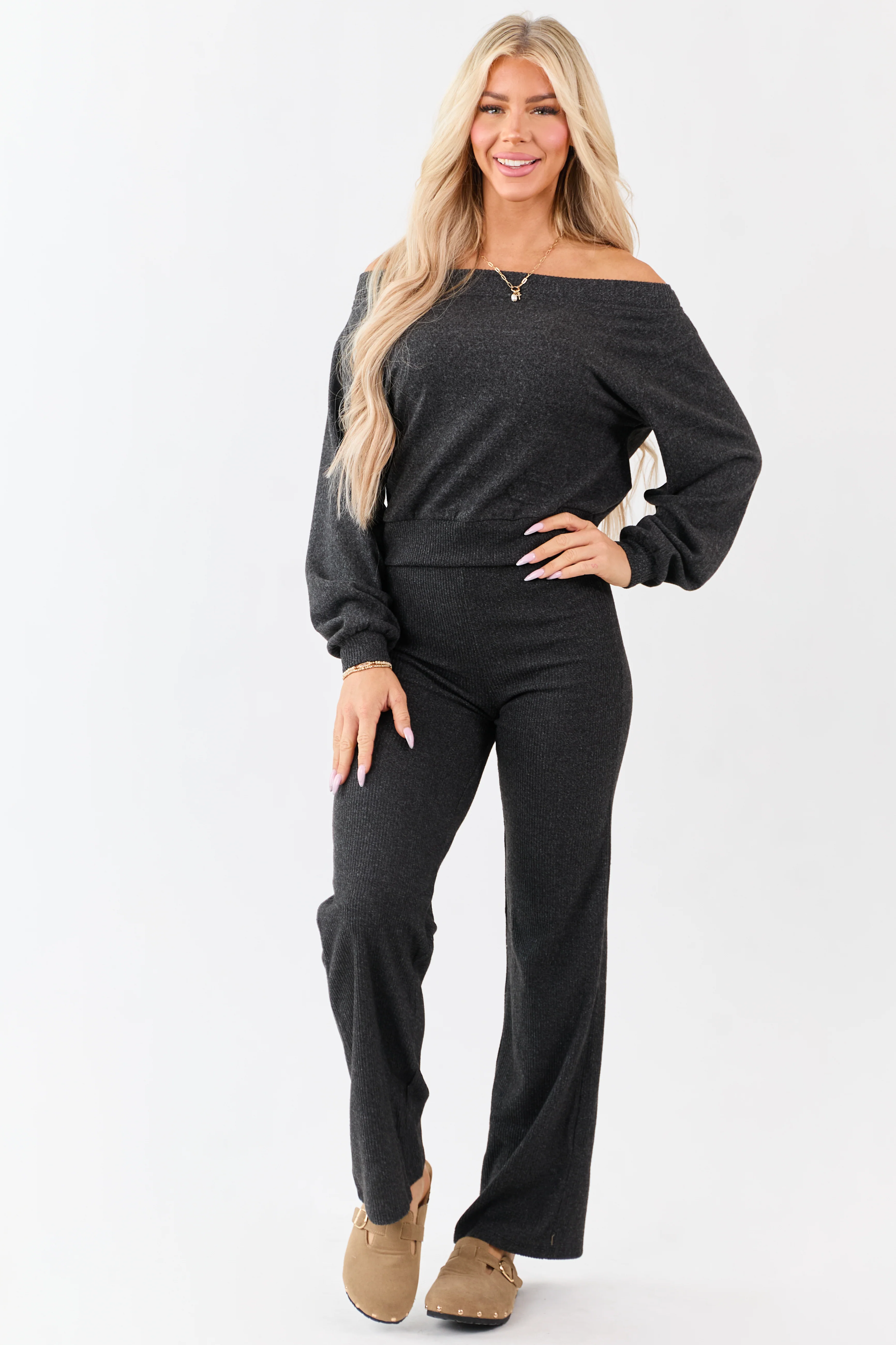 Charcoal Rib Knit Elastic Waist Wide Leg Pants - Image 5