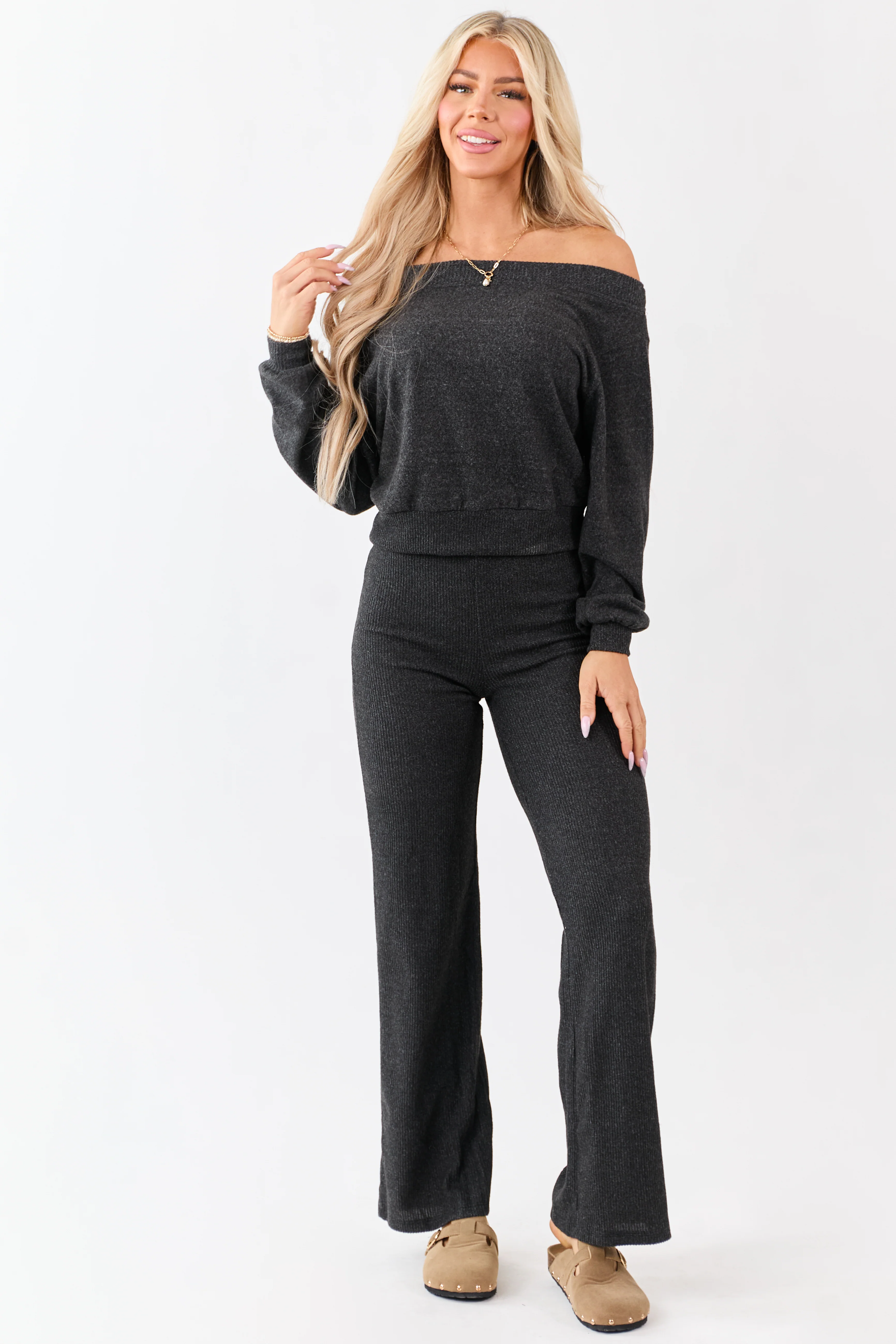 Charcoal Rib Knit Elastic Waist Wide Leg Pants - Image 6