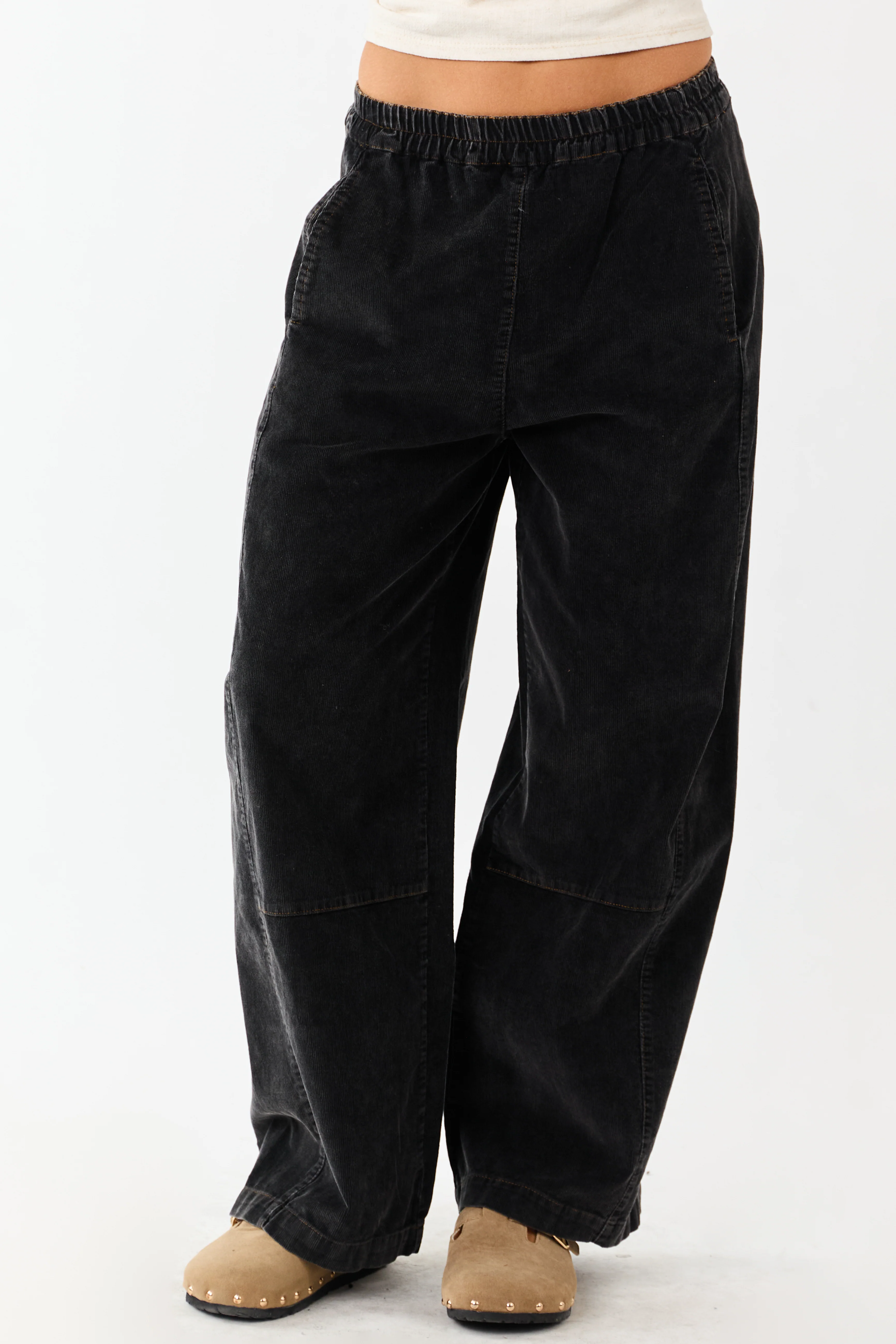 Charcoal Stone Washed Corduroy Wide Leg Pants - Image 2