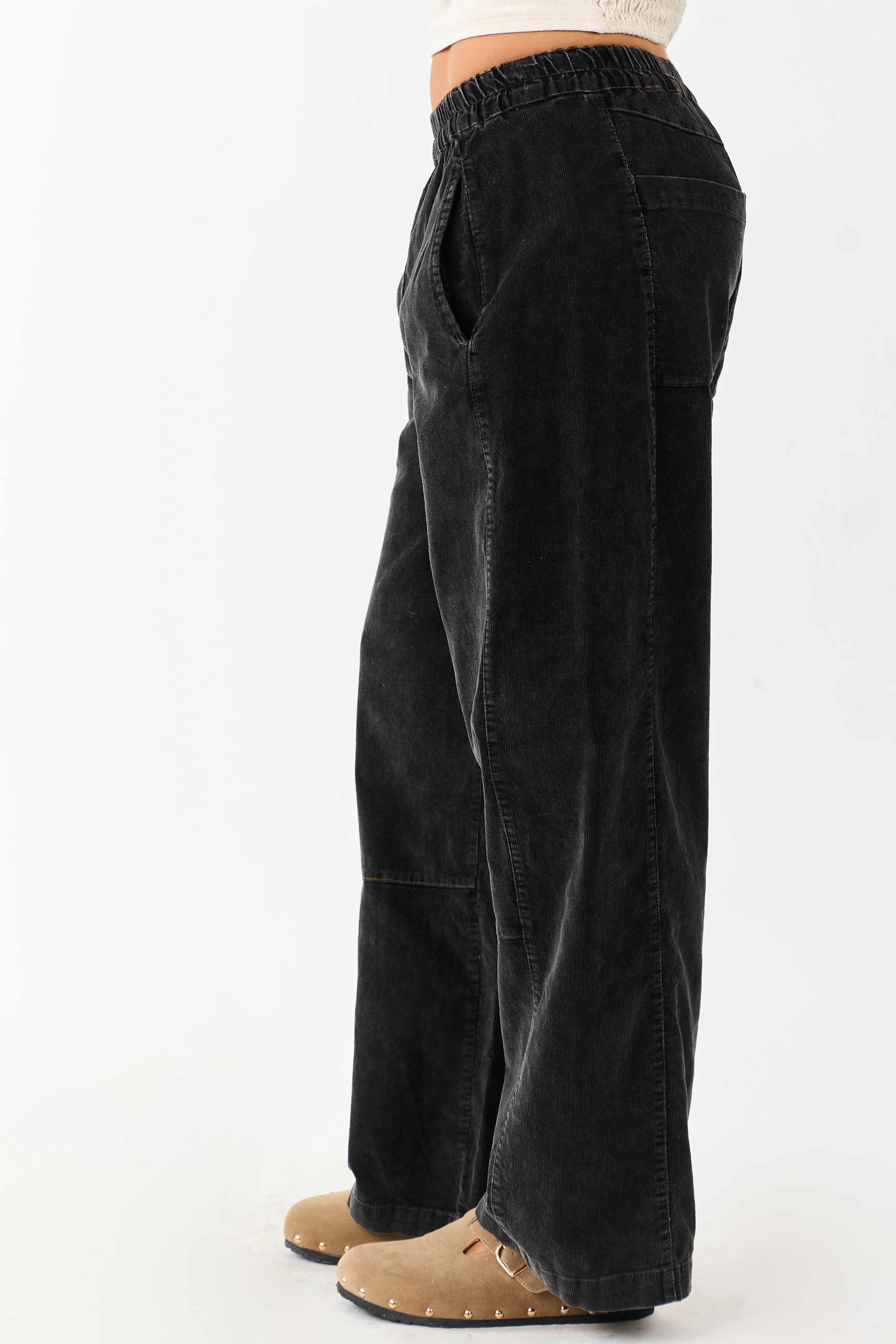 Charcoal Stone Washed Corduroy Wide Leg Pants - Image 3