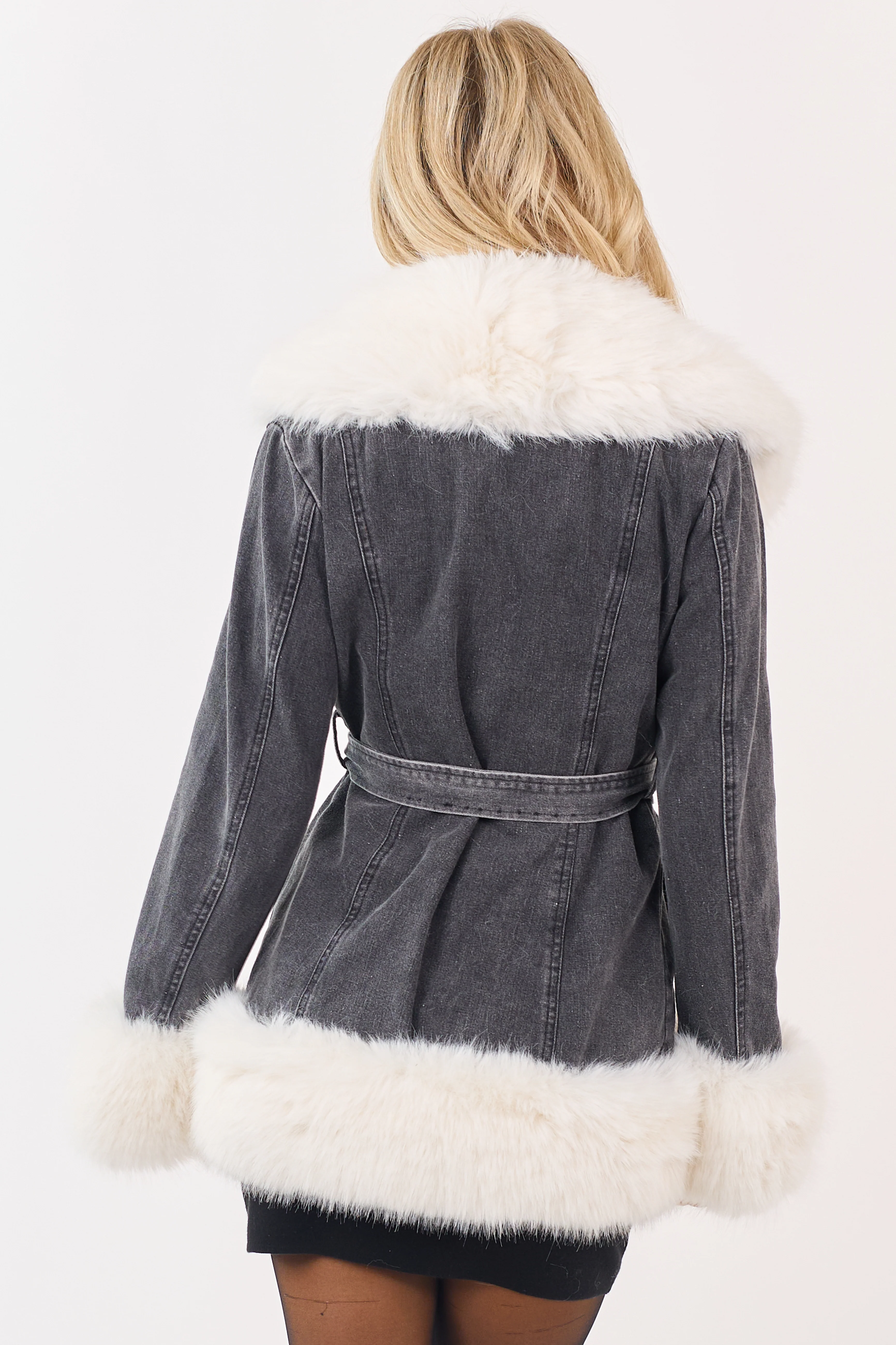 Charcoal Wash Denim Faux Fur Trim Jacket - Image 6