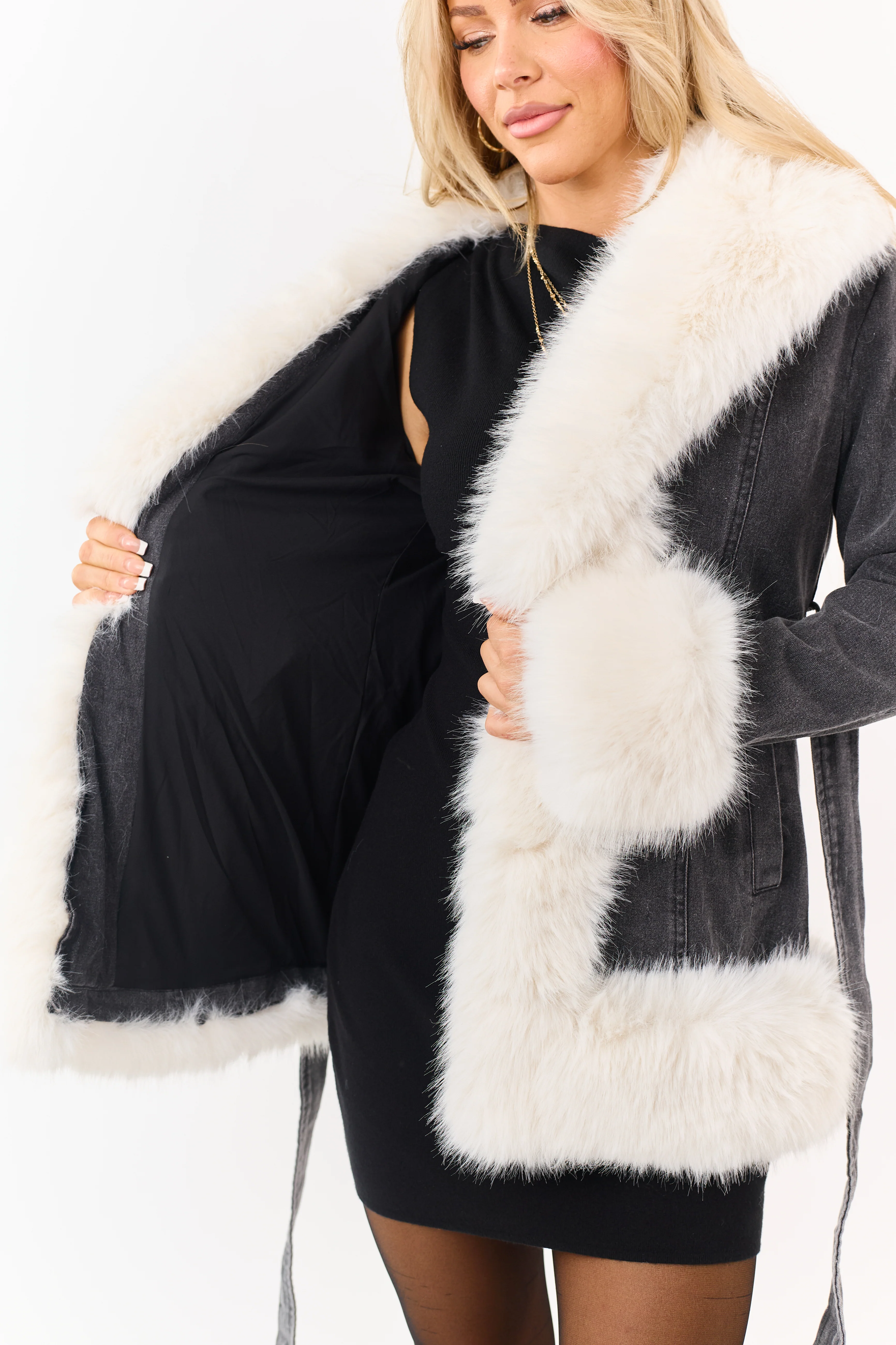 Charcoal Wash Denim Faux Fur Trim Jacket - Image 7