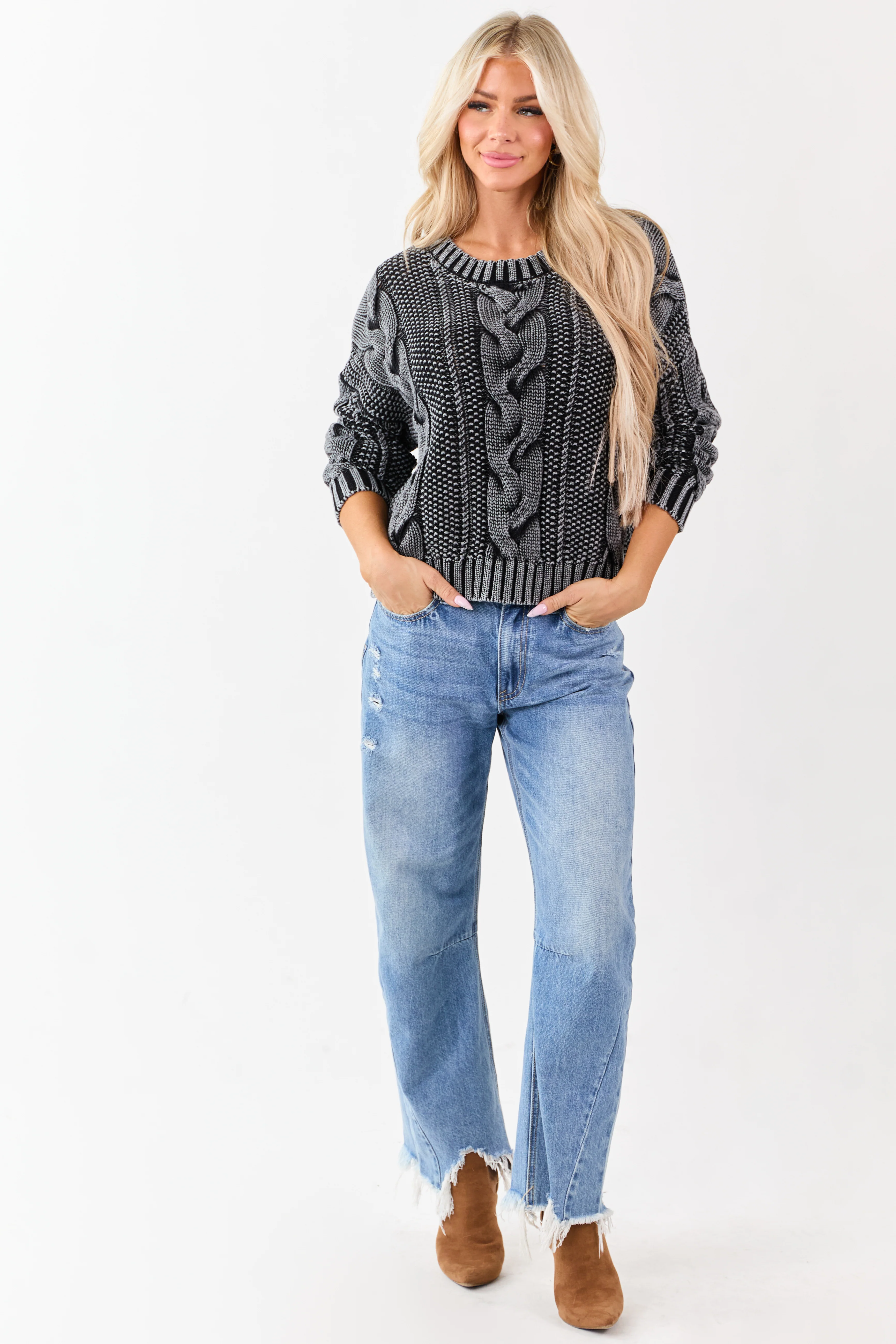 Charcoal Washed Cotton Cable Knit Pullover Sweater - Image 4