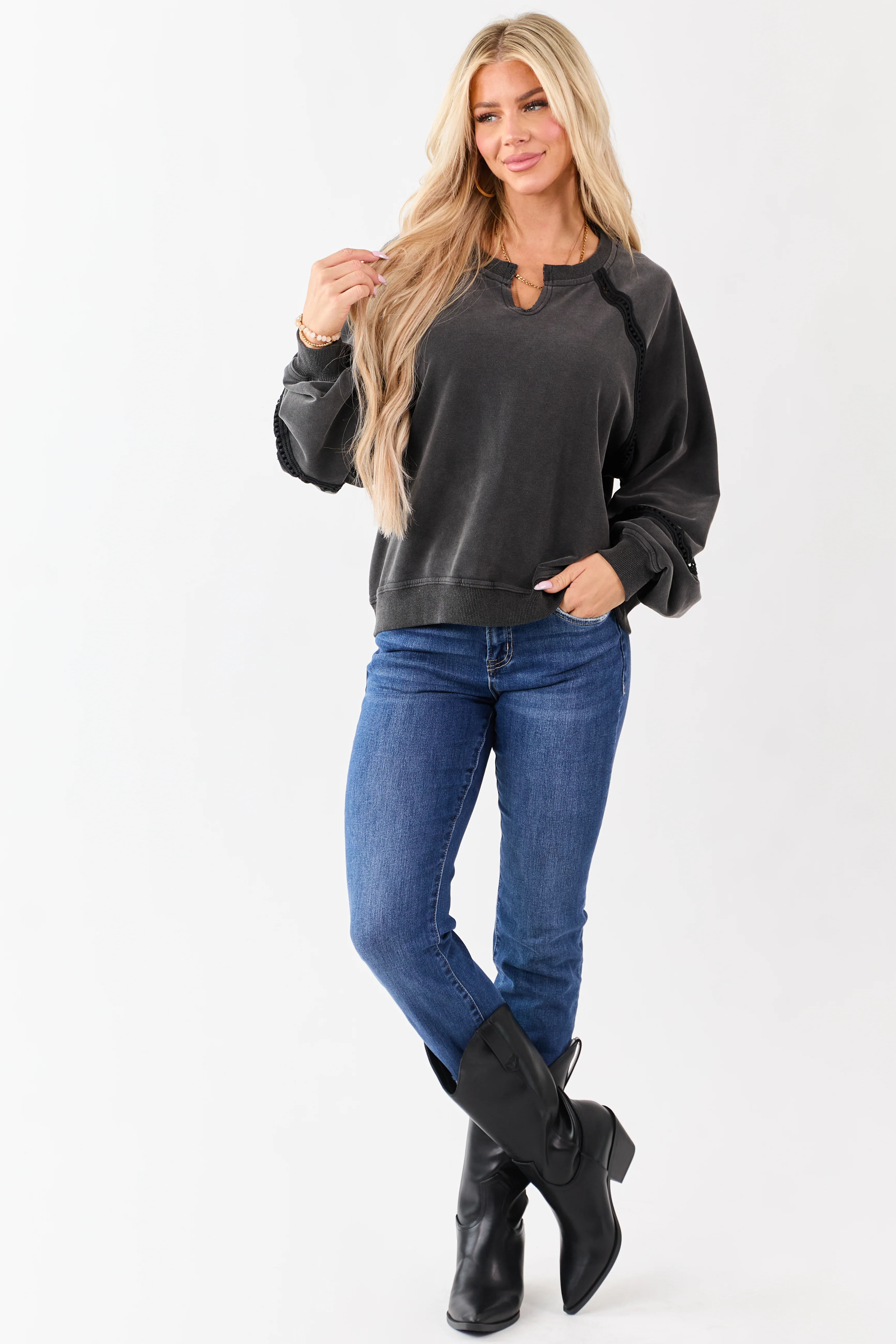 Charcoal Washed French Teddy Lace Trim Sweatshirt - Image 2
