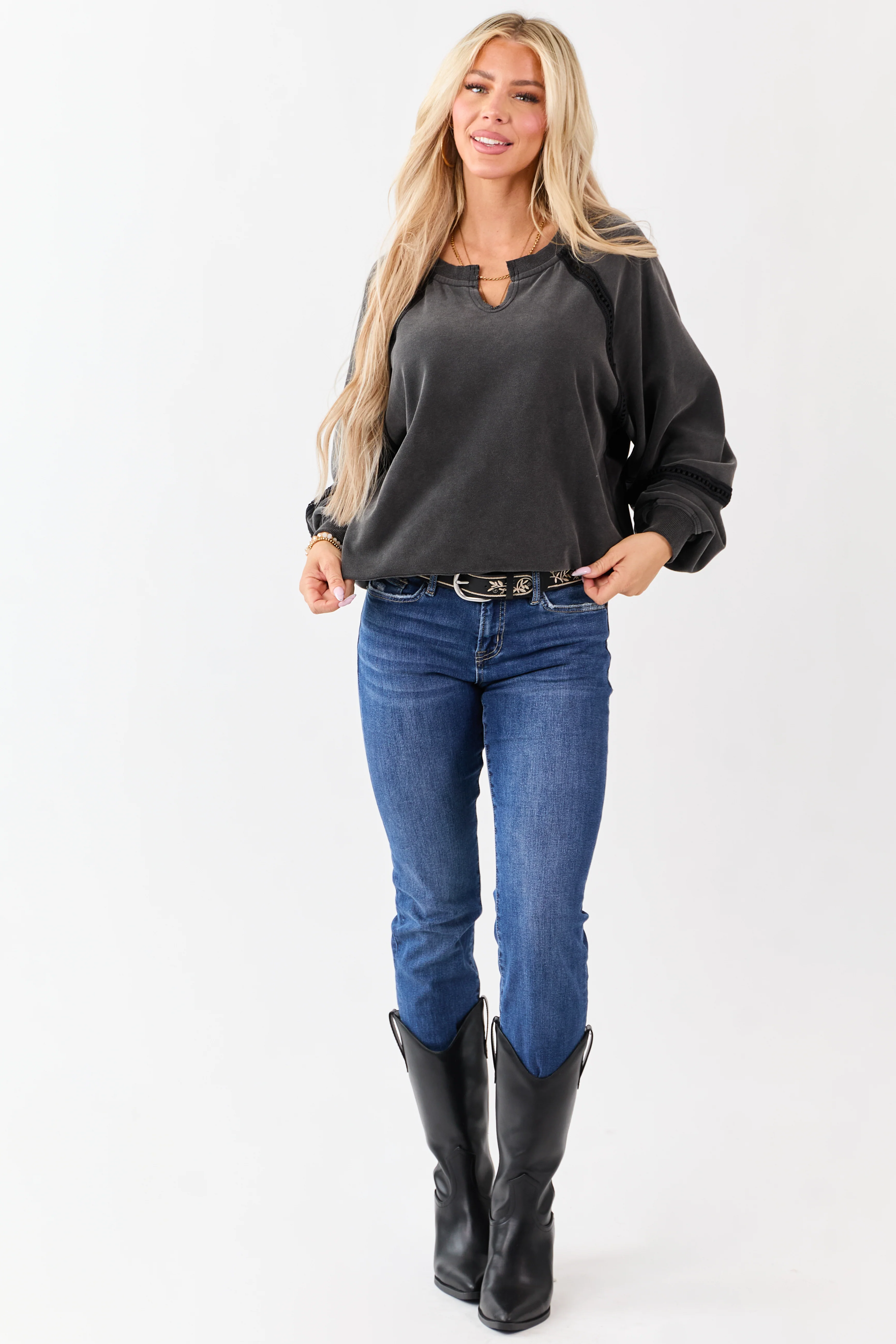 Charcoal Washed French Teddy Lace Trim Sweatshirt - Image 3