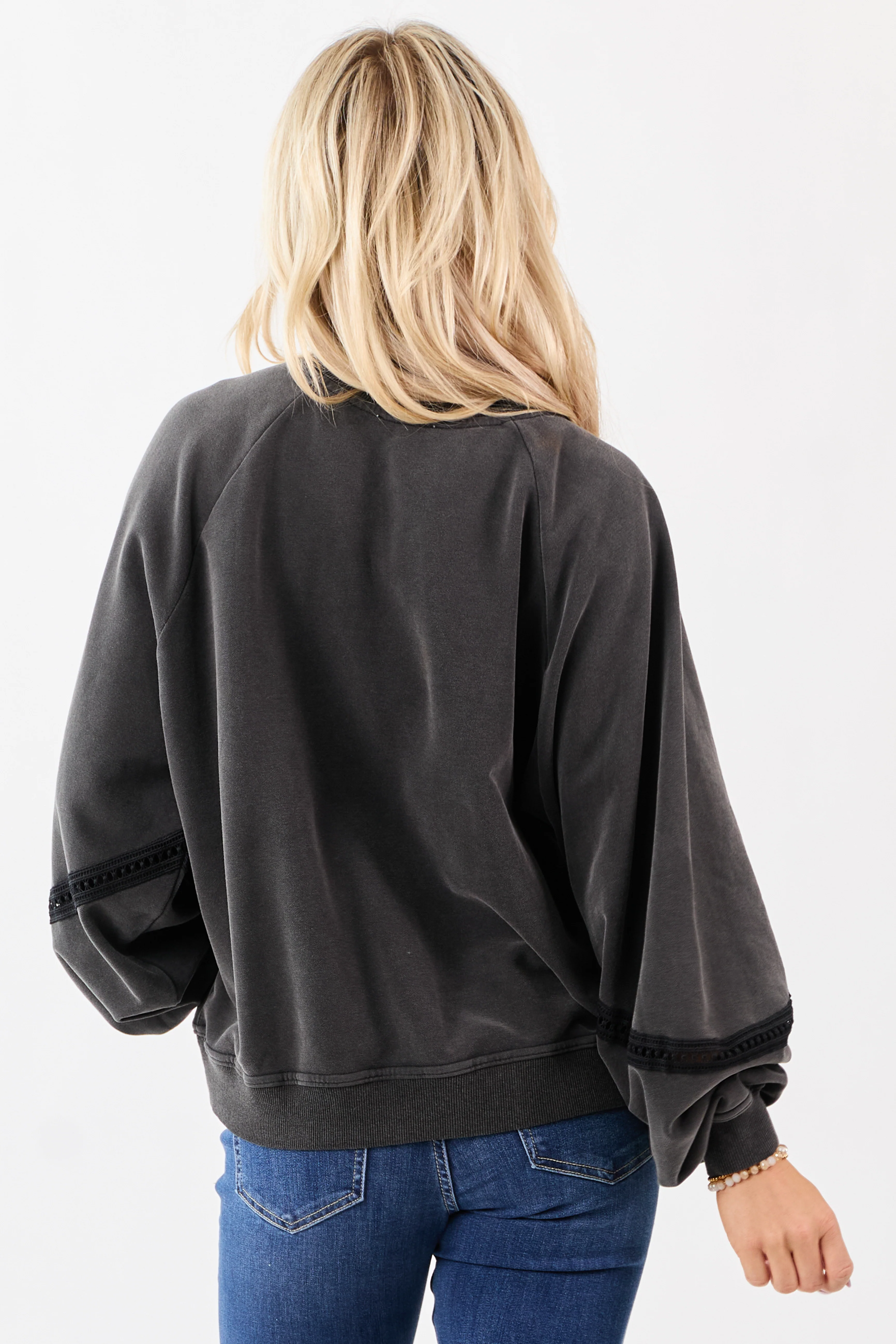 Charcoal Washed French Teddy Lace Trim Sweatshirt - Image 5