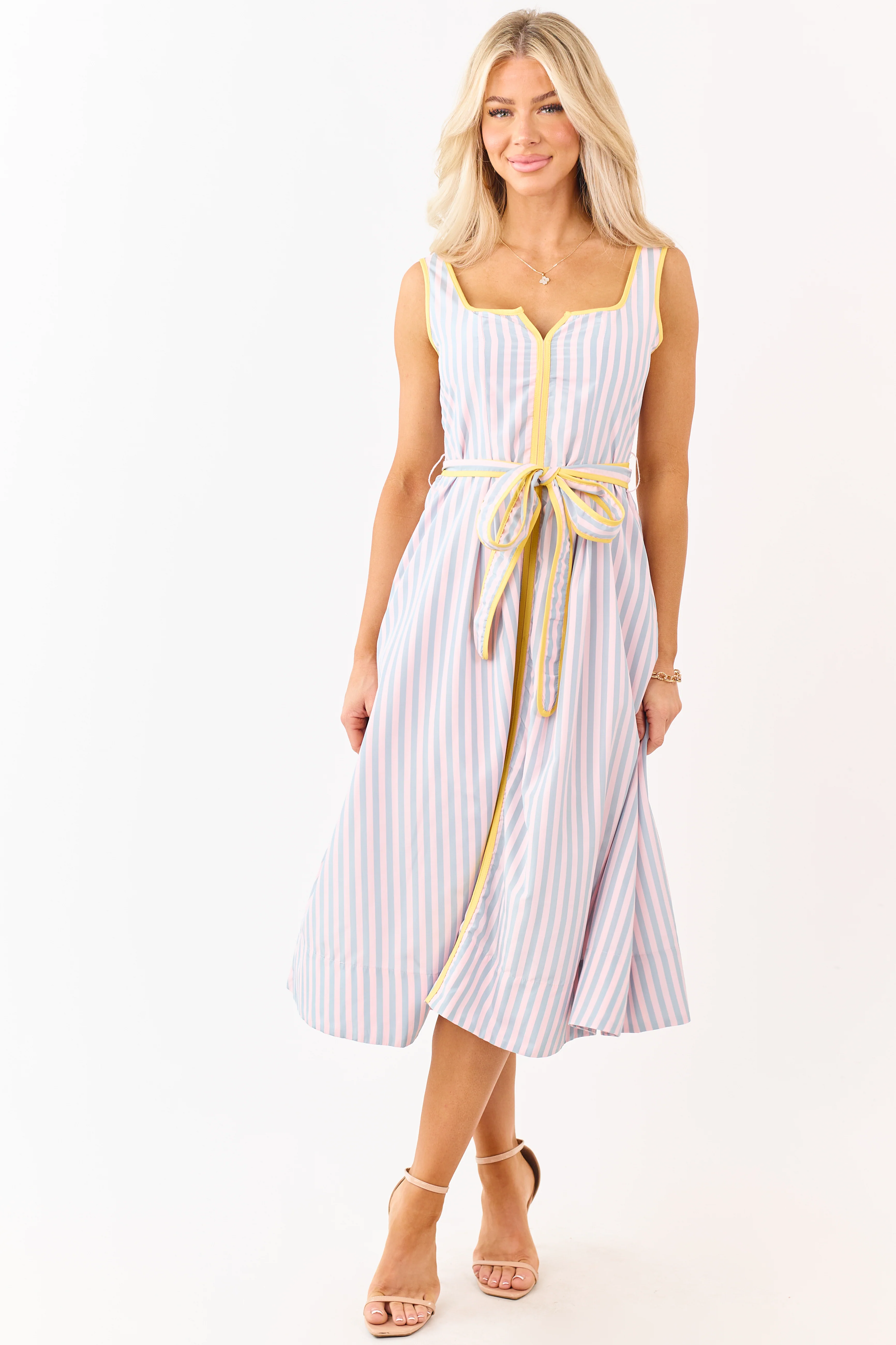 Cherry Blossom Striped Notch Neck Waist Tie Midi Dress - Image 2
