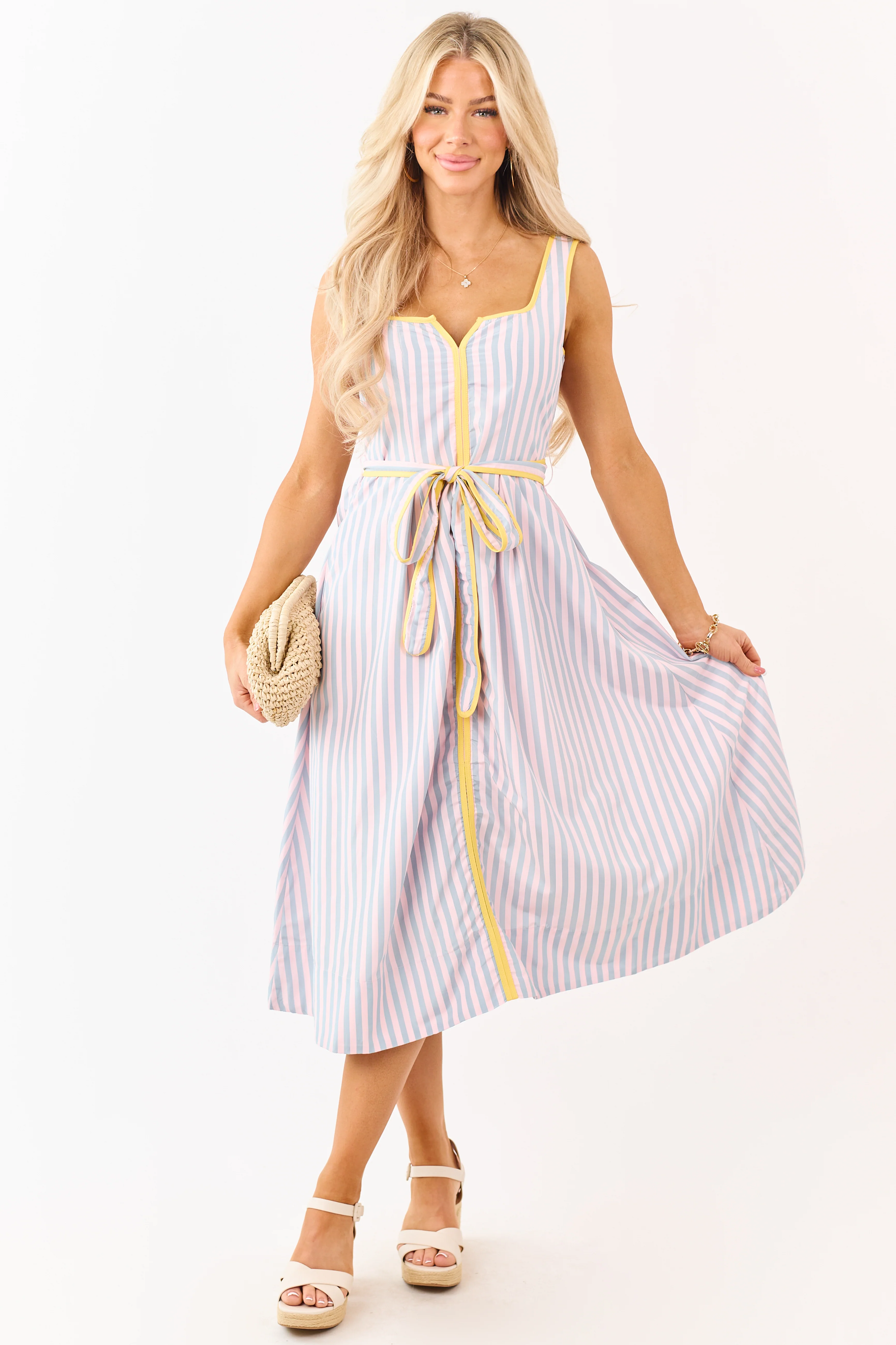 Cherry Blossom Striped Notch Neck Waist Tie Midi Dress - Image 3