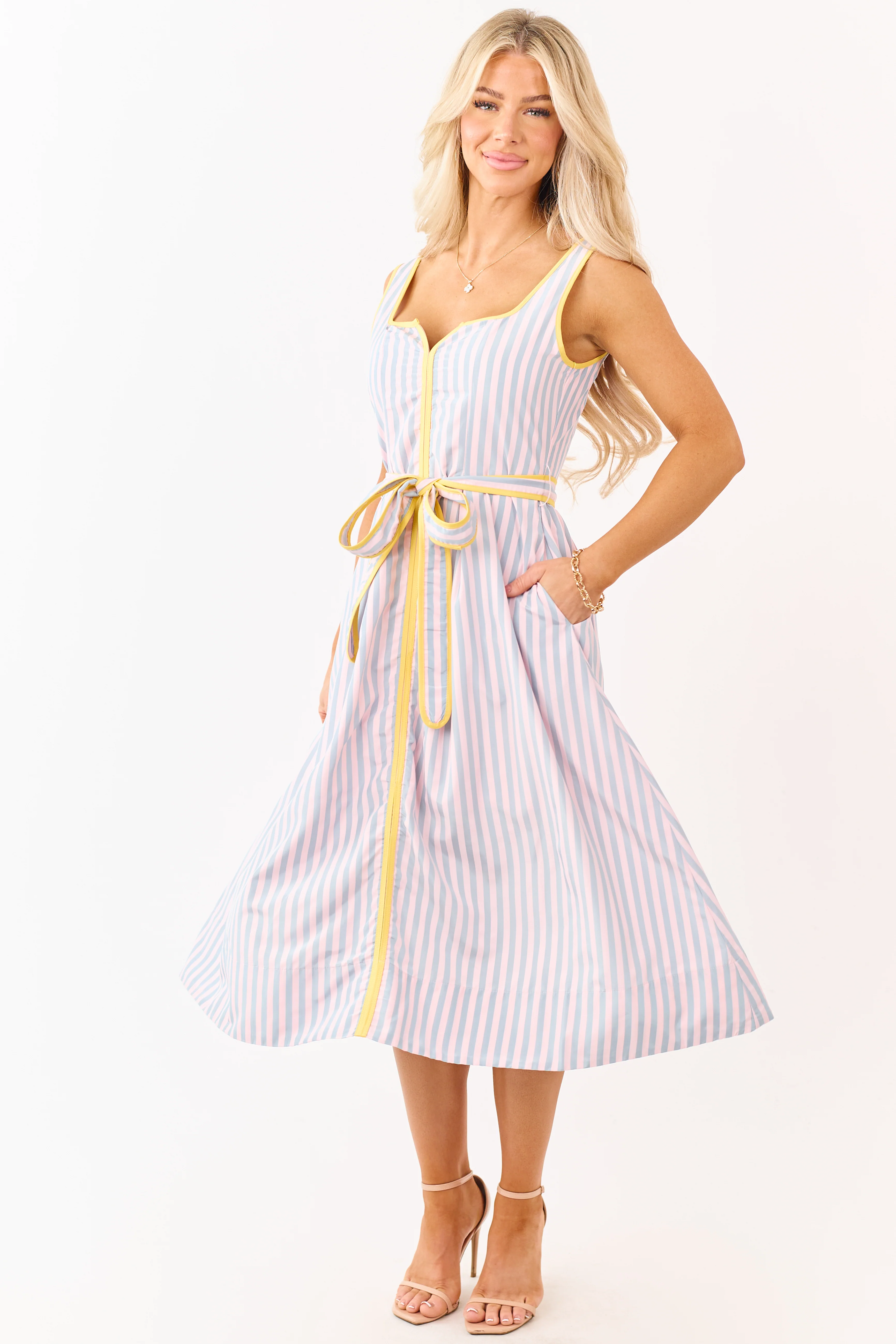 Cherry Blossom Striped Notch Neck Waist Tie Midi Dress - Image 4