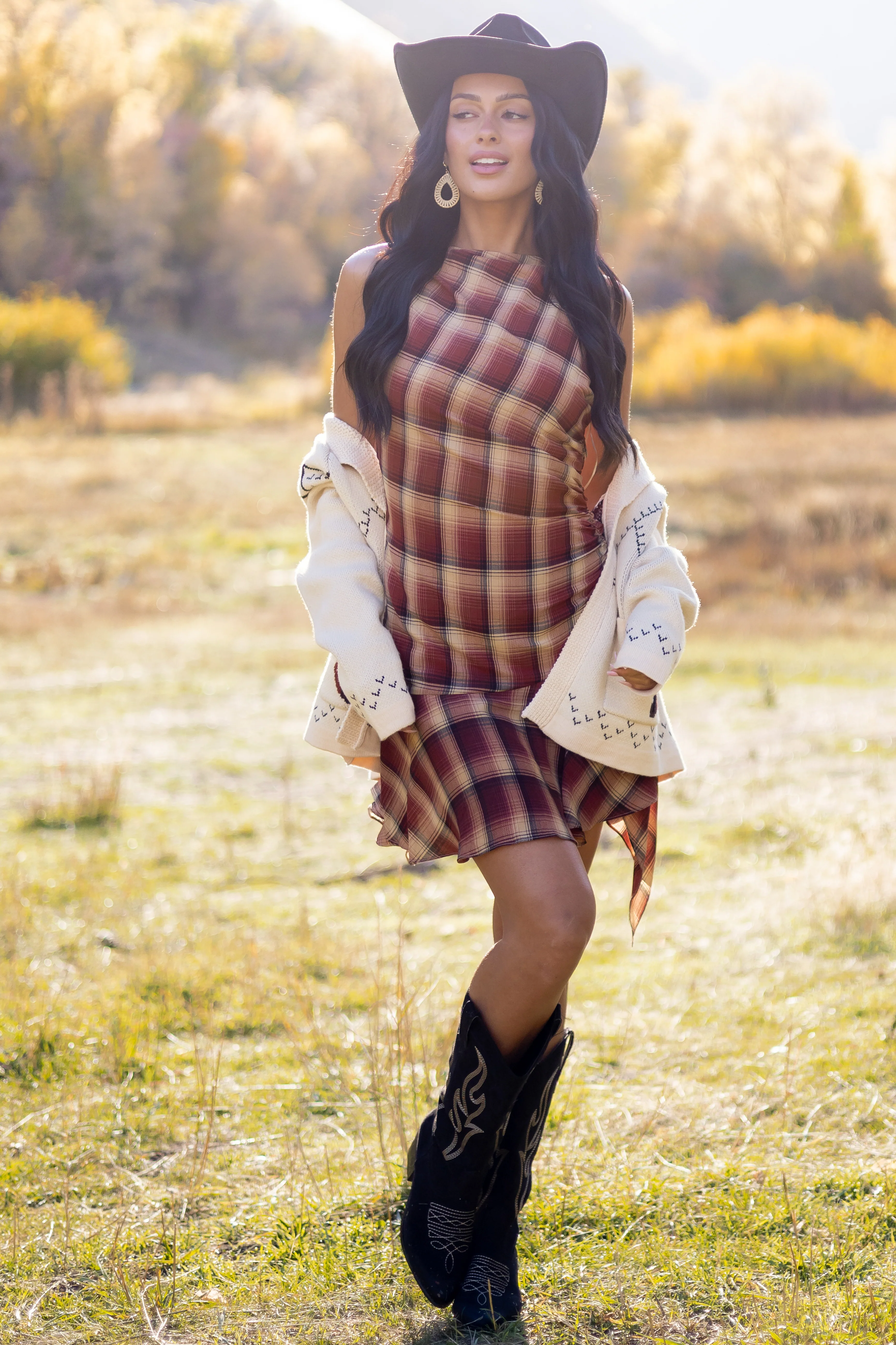 Cherry Plaid Ruched Side Sleeveless Mini Dress - Image 2