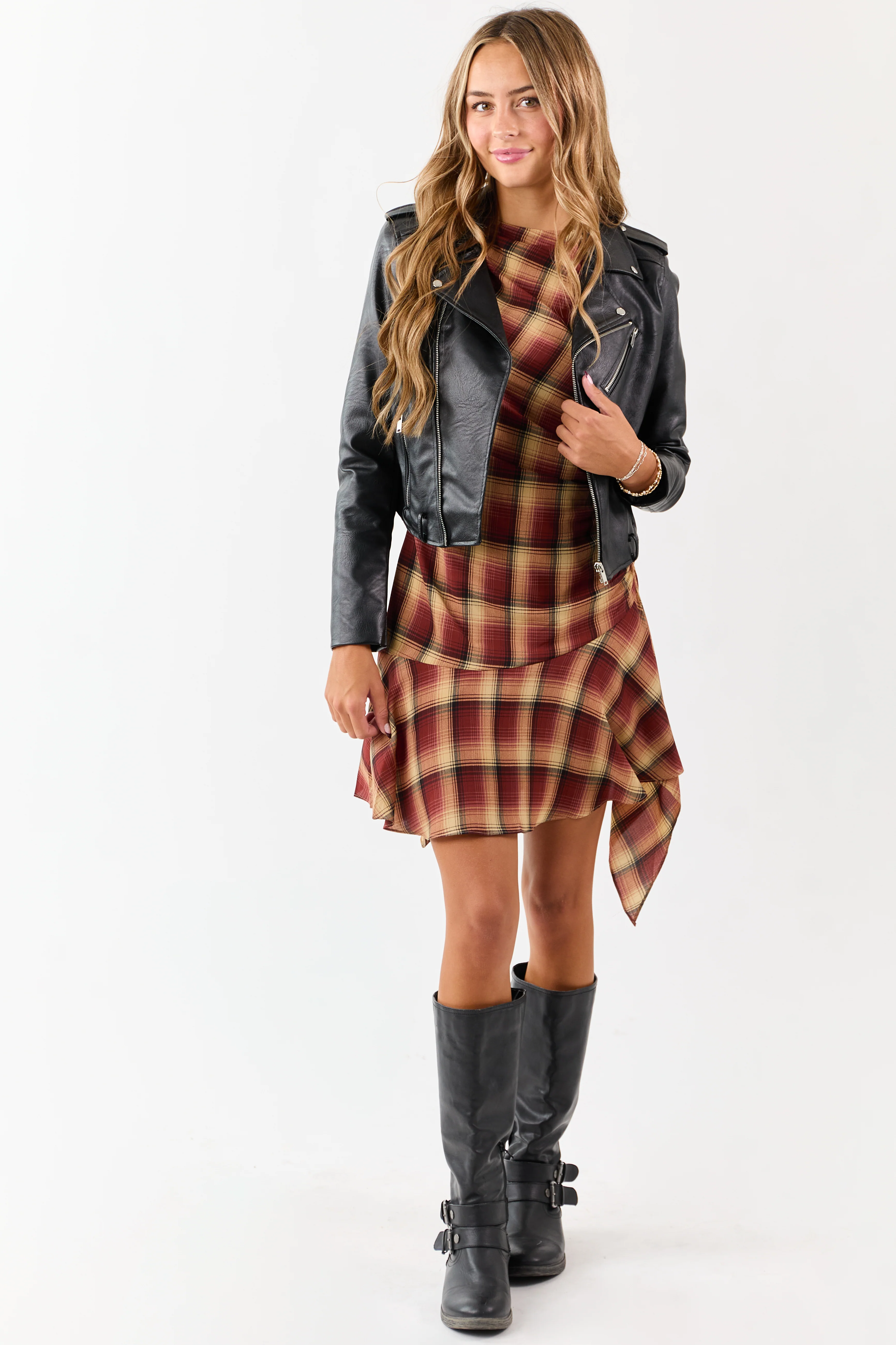 Cherry Plaid Ruched Side Sleeveless Mini Dress - Image 3
