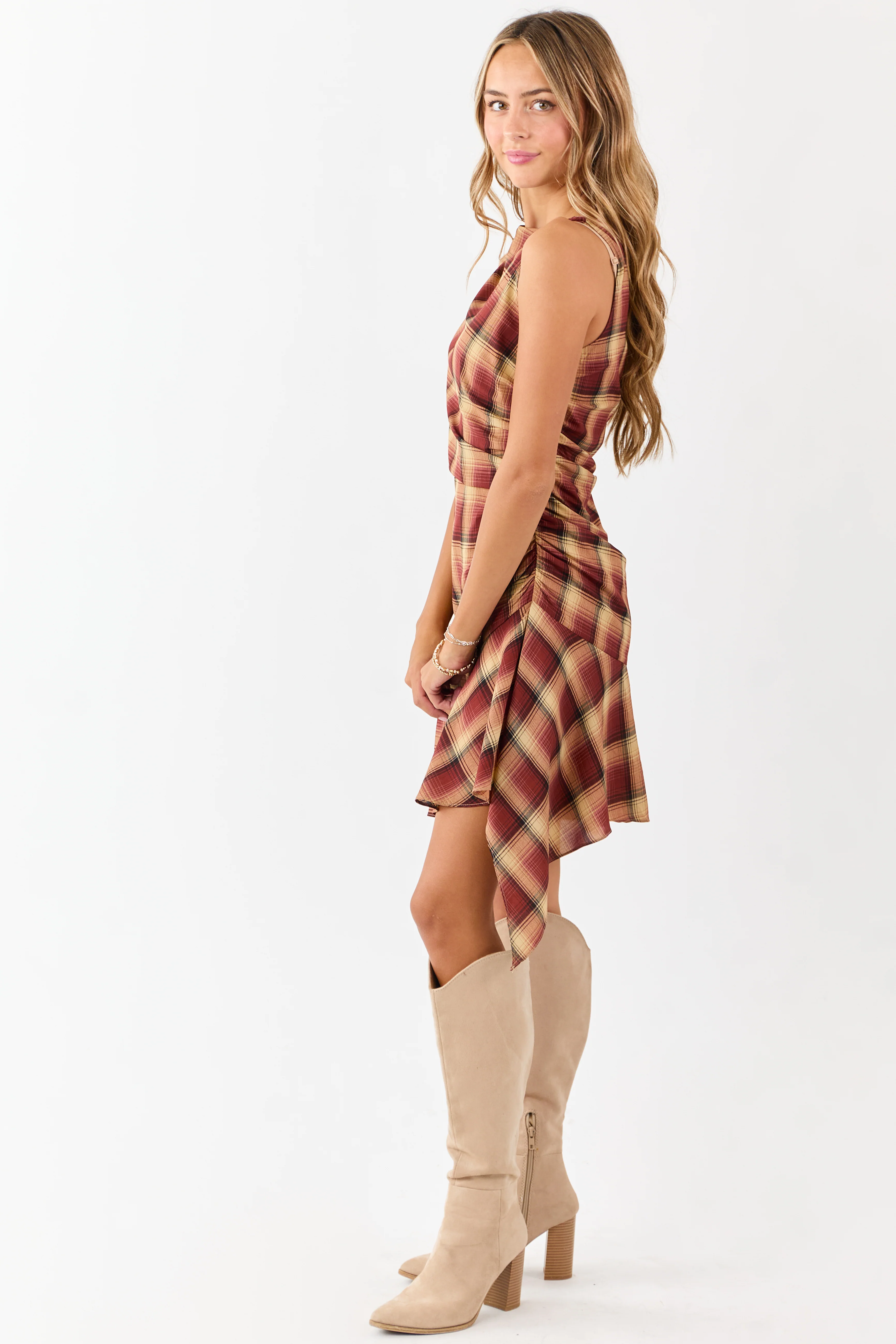 Cherry Plaid Ruched Side Sleeveless Mini Dress - Image 7