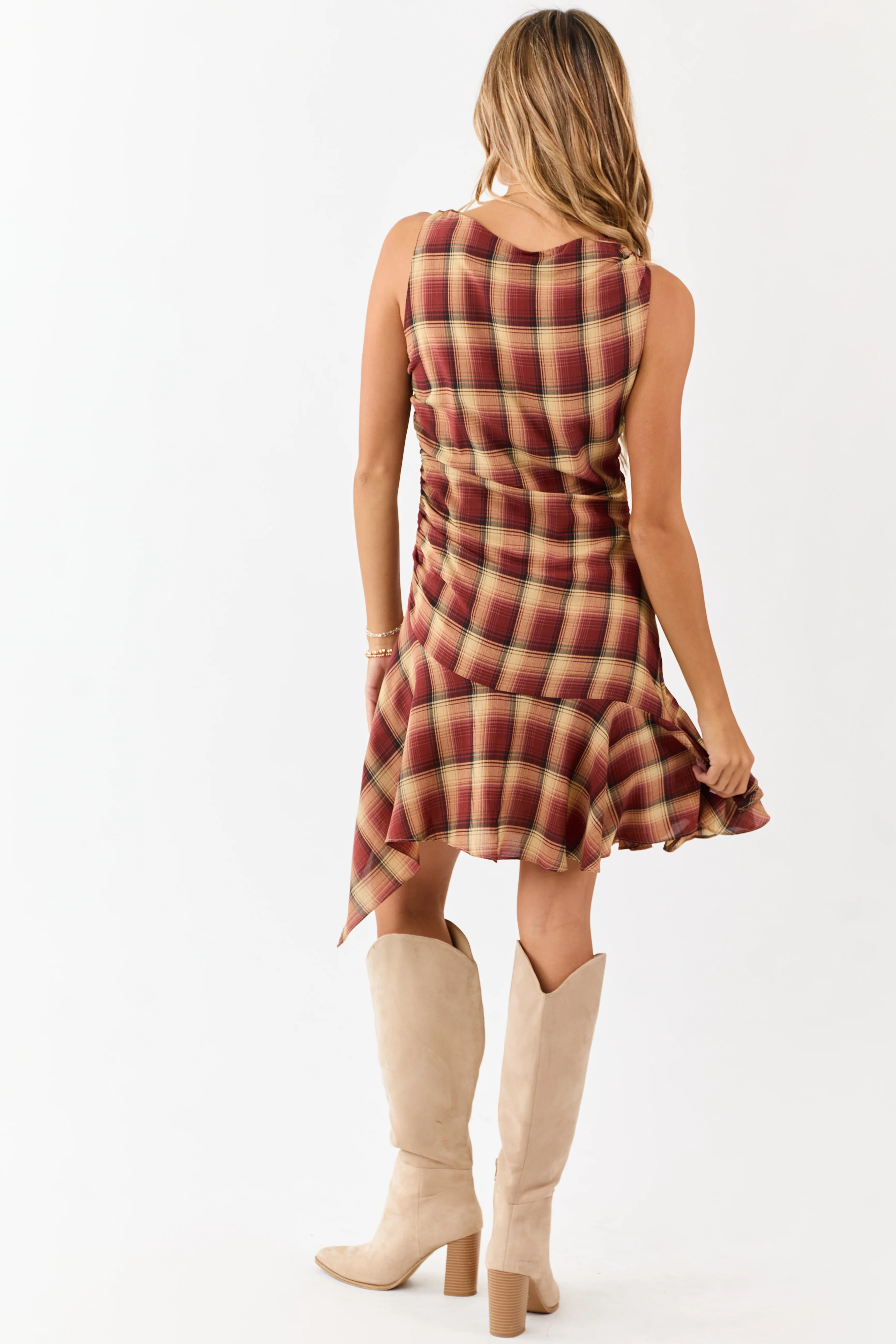 Cherry Plaid Ruched Side Sleeveless Mini Dress - Image 8