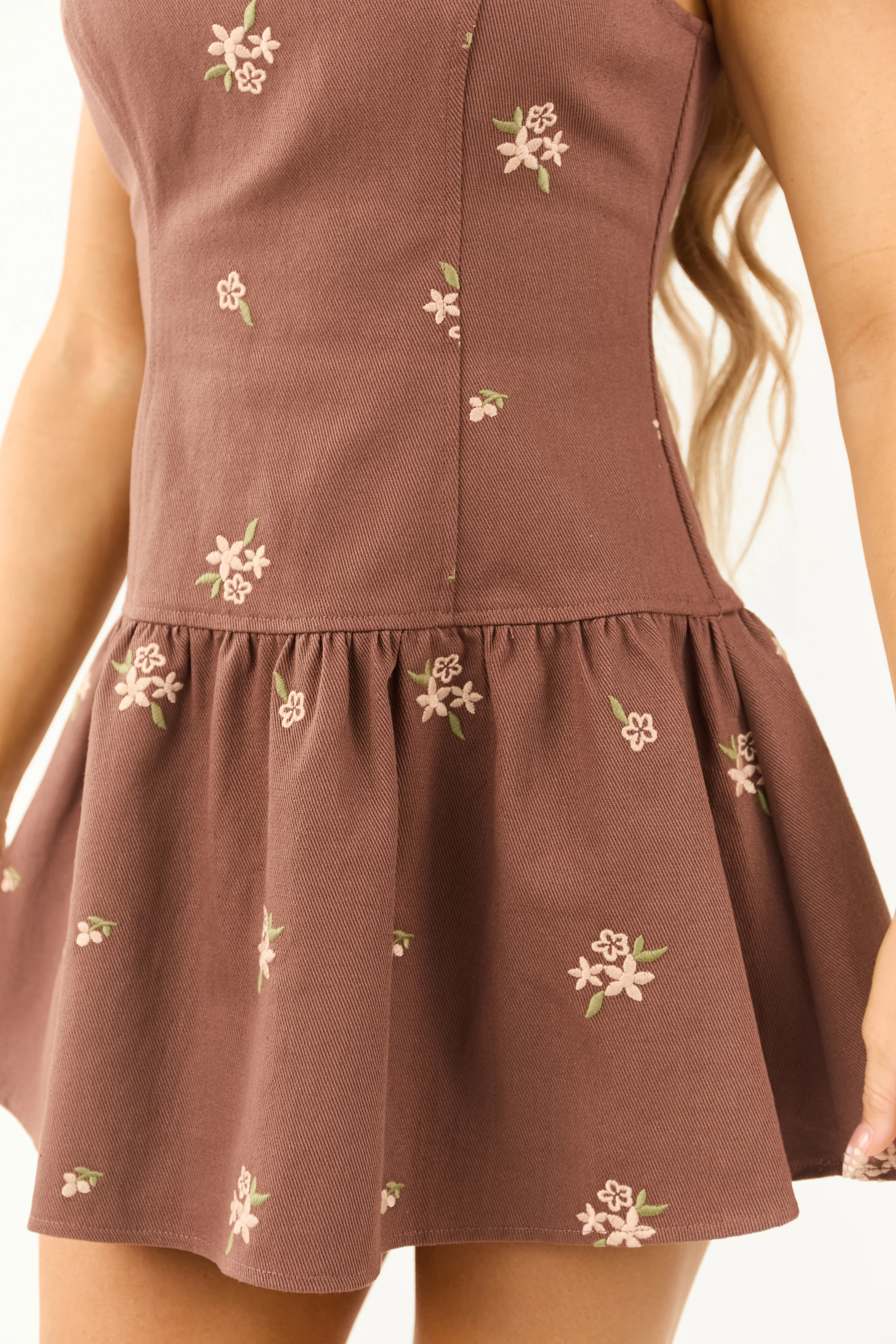 Chestnut Denim Floral Embroidered Drop Waist Mini Dress - Image 7