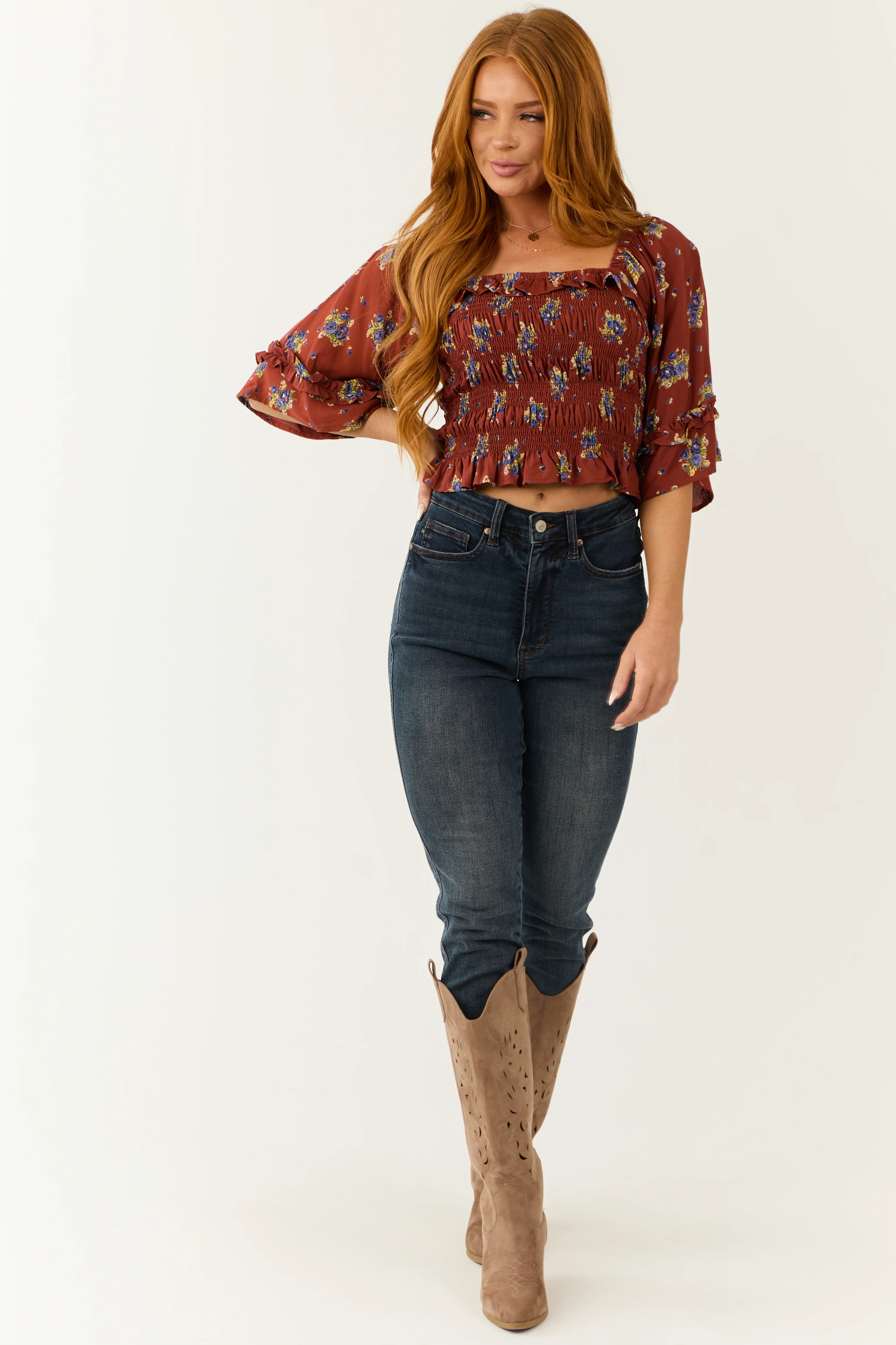 Chestnut Floral Print Smocked Bodice Crop Top - Image 3