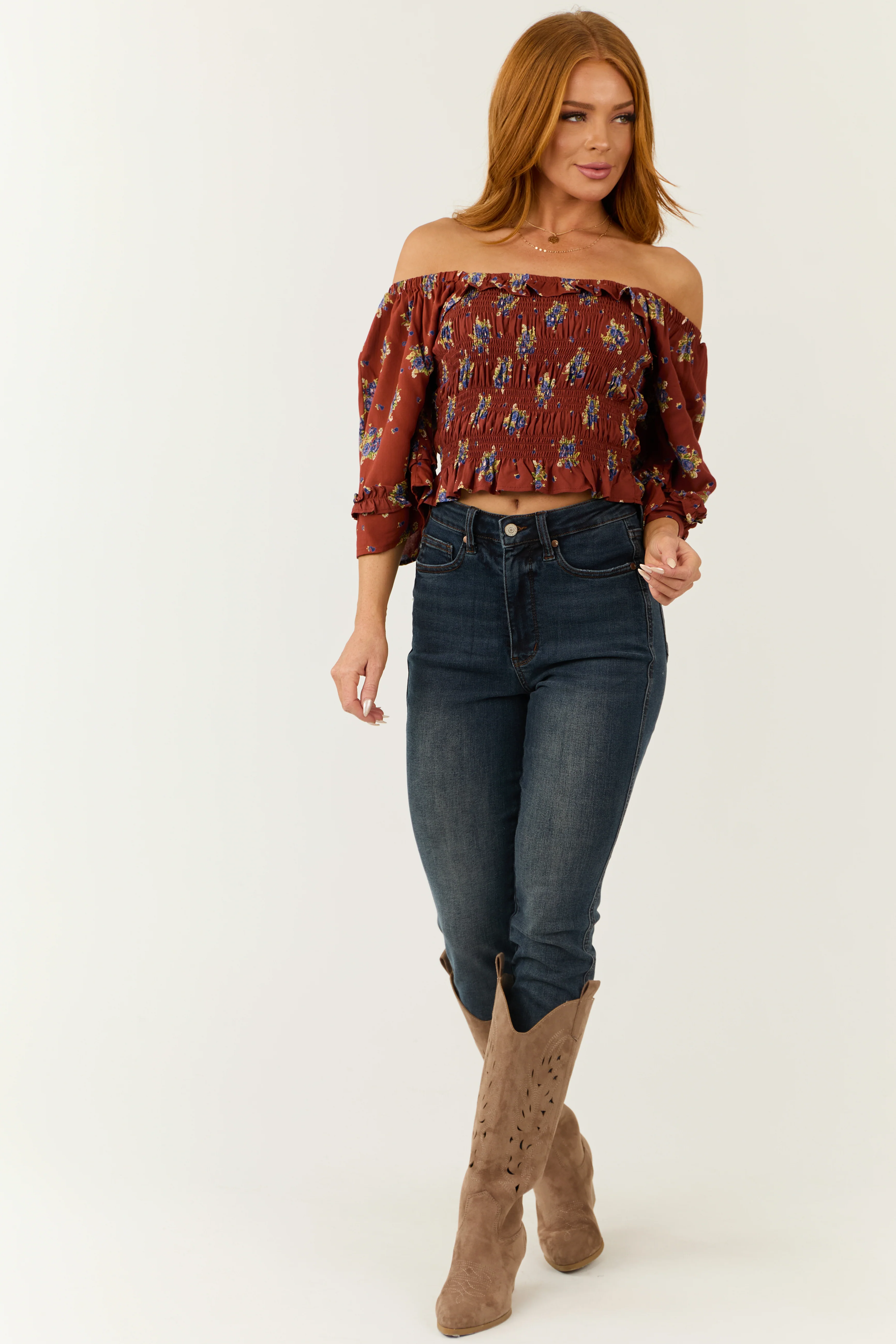 Chestnut Floral Print Smocked Bodice Crop Top - Image 4