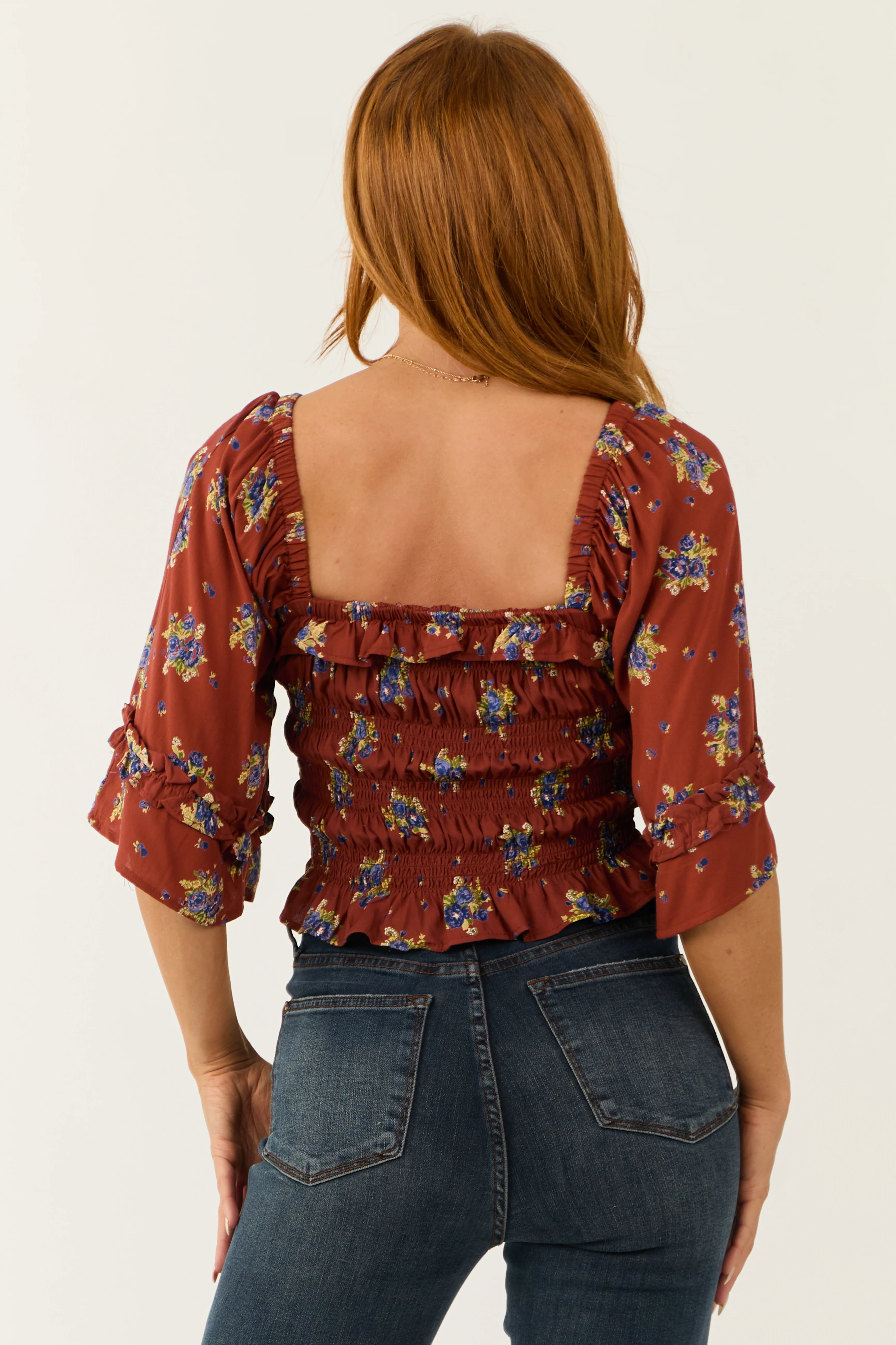 Chestnut Floral Print Smocked Bodice Crop Top - Image 6