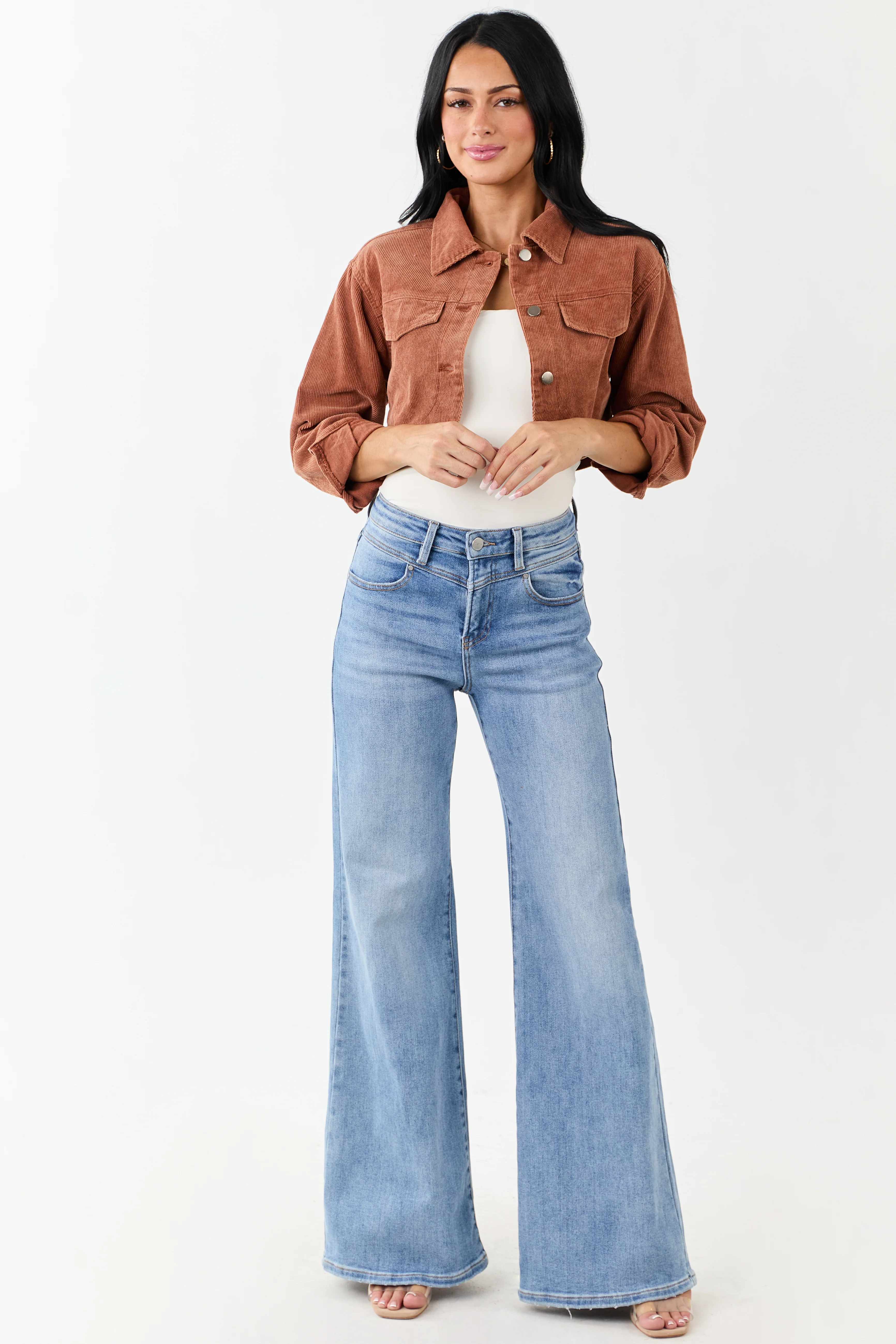 Chestnut Washed Corduroy Button Down Crop Jacket - Image 2