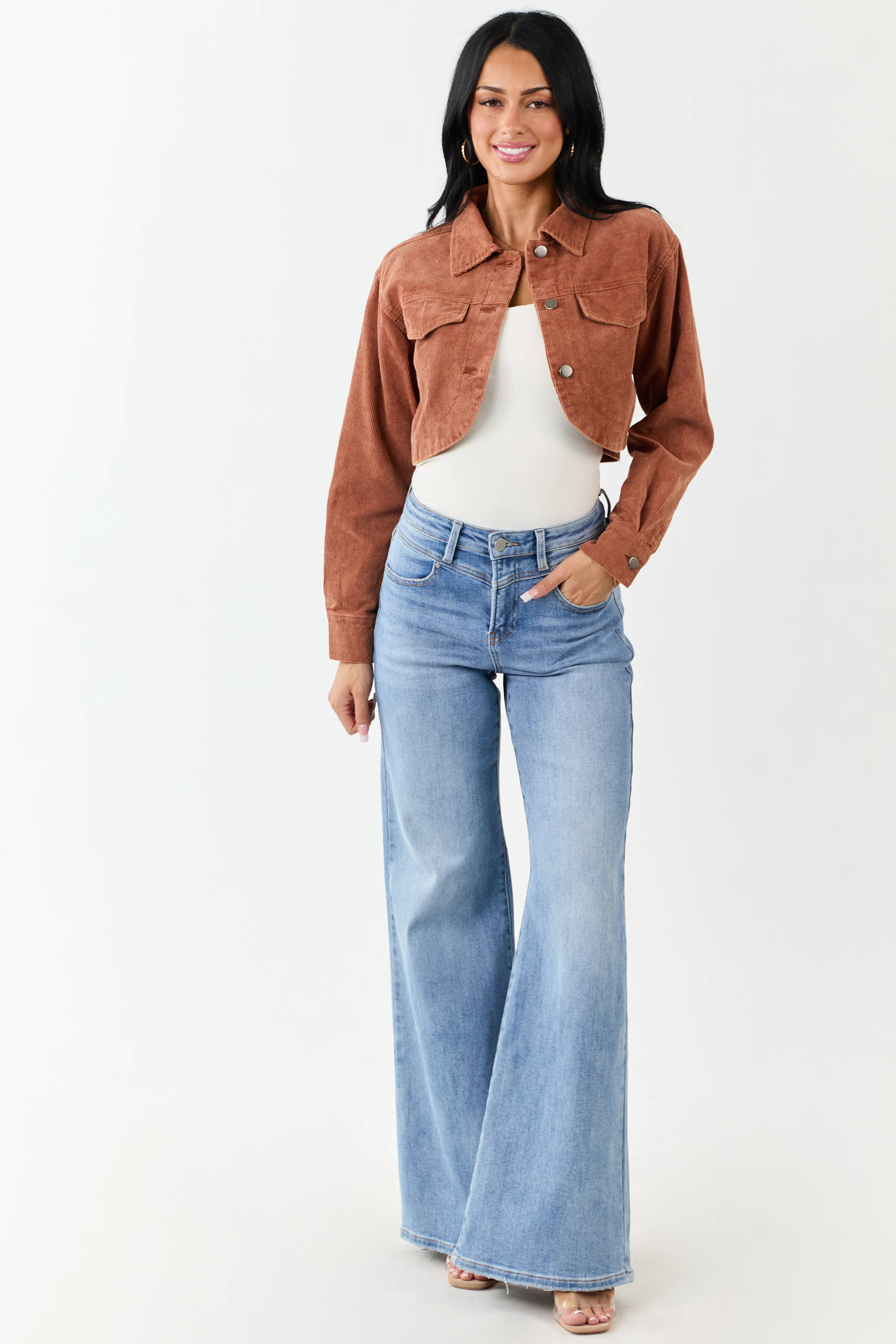 Chestnut Washed Corduroy Button Down Crop Jacket - Image 3