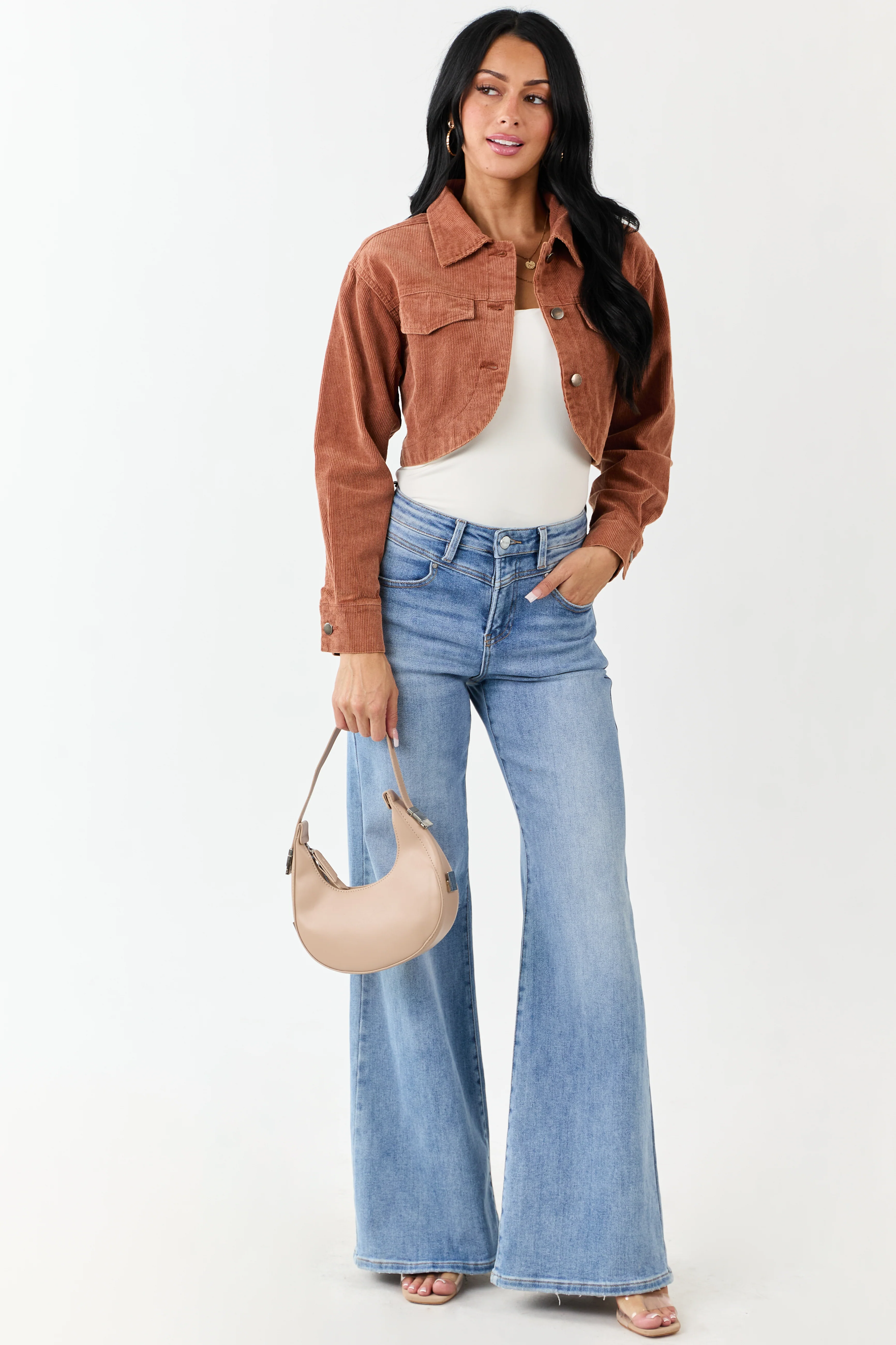 Chestnut Washed Corduroy Button Down Crop Jacket - Image 4