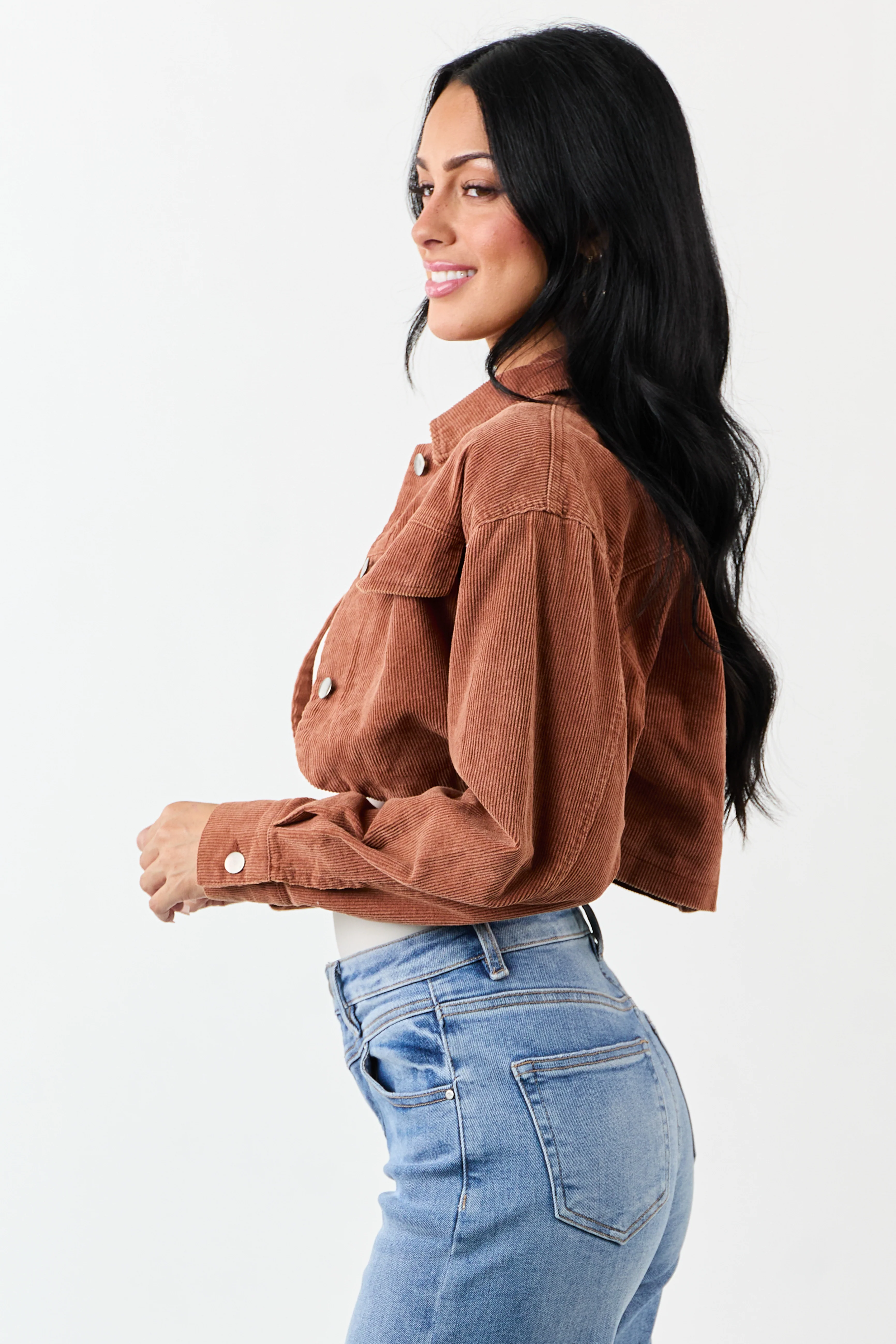 Chestnut Washed Corduroy Button Down Crop Jacket - Image 5
