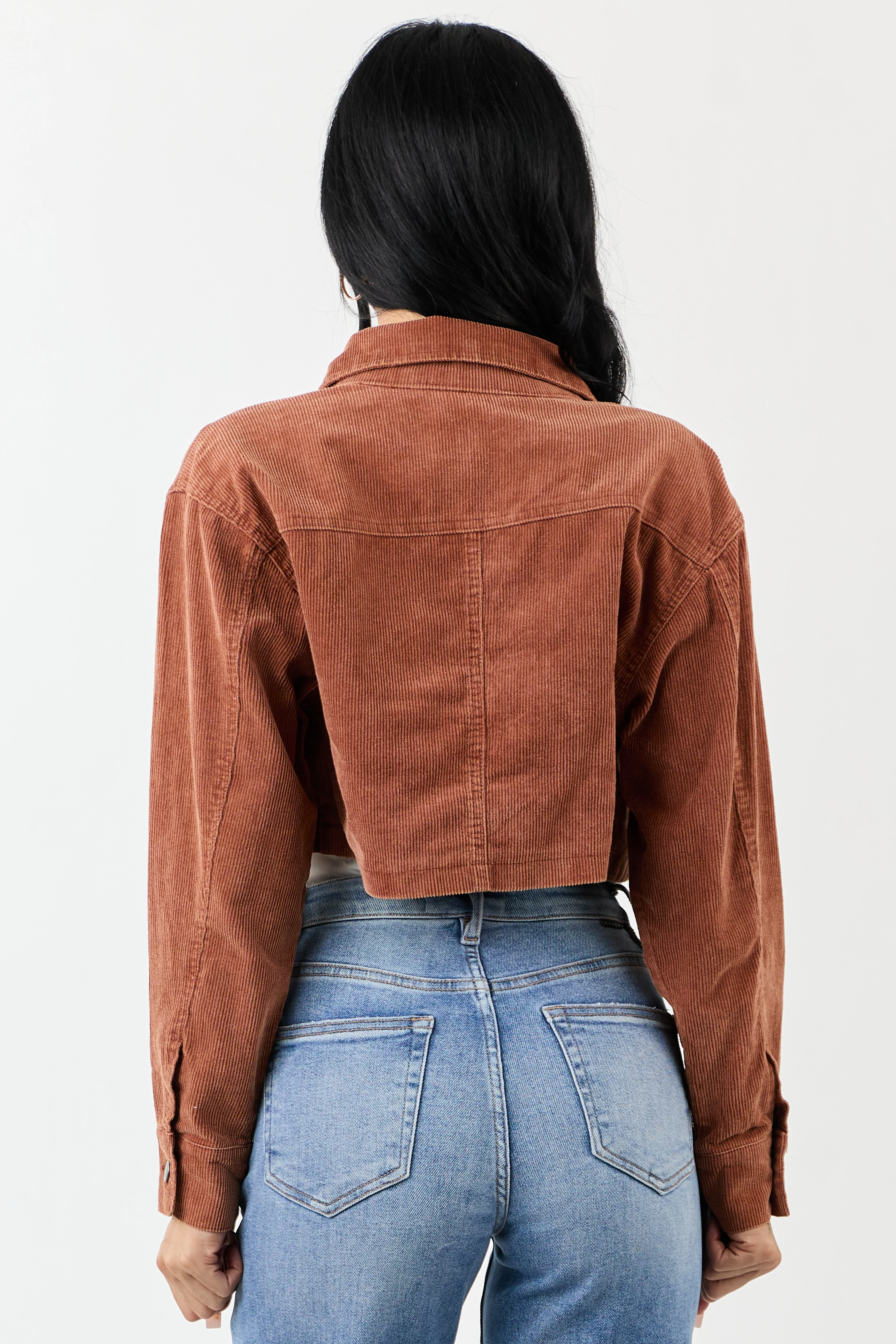 Chestnut Washed Corduroy Button Down Crop Jacket - Image 6